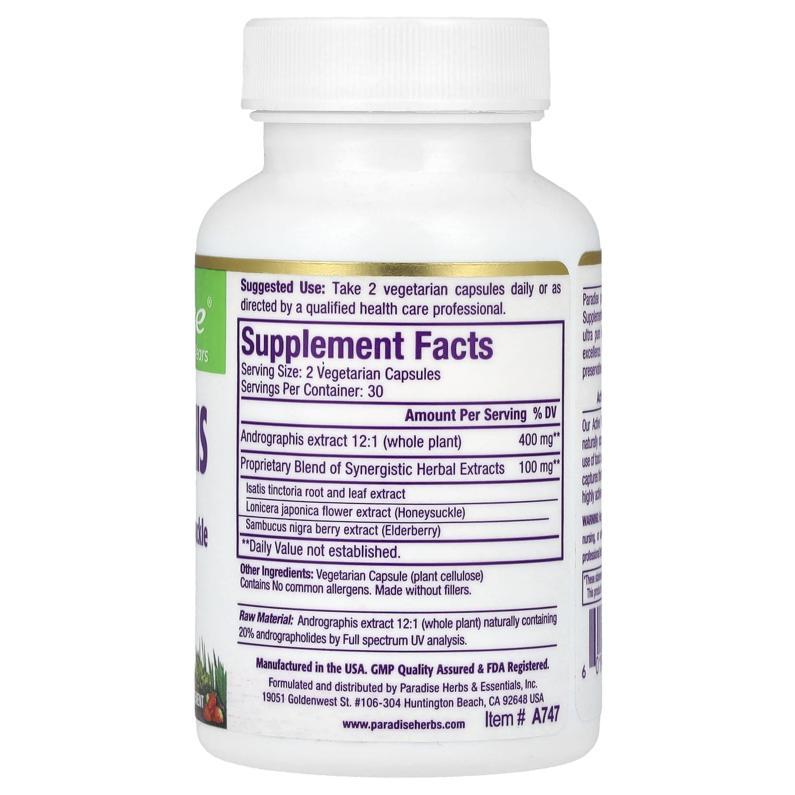Paradise Herbs, Andrographis, 60 Vegetarian Capsules