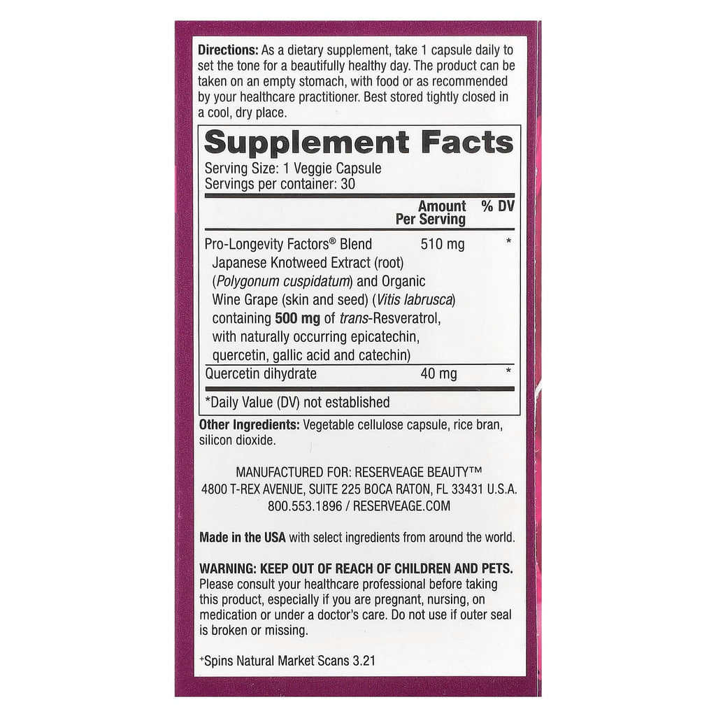 Reserveage Beauty, Resveratrol, Trans-Resveratrol, 500 mg, 30 Veggie Capsules