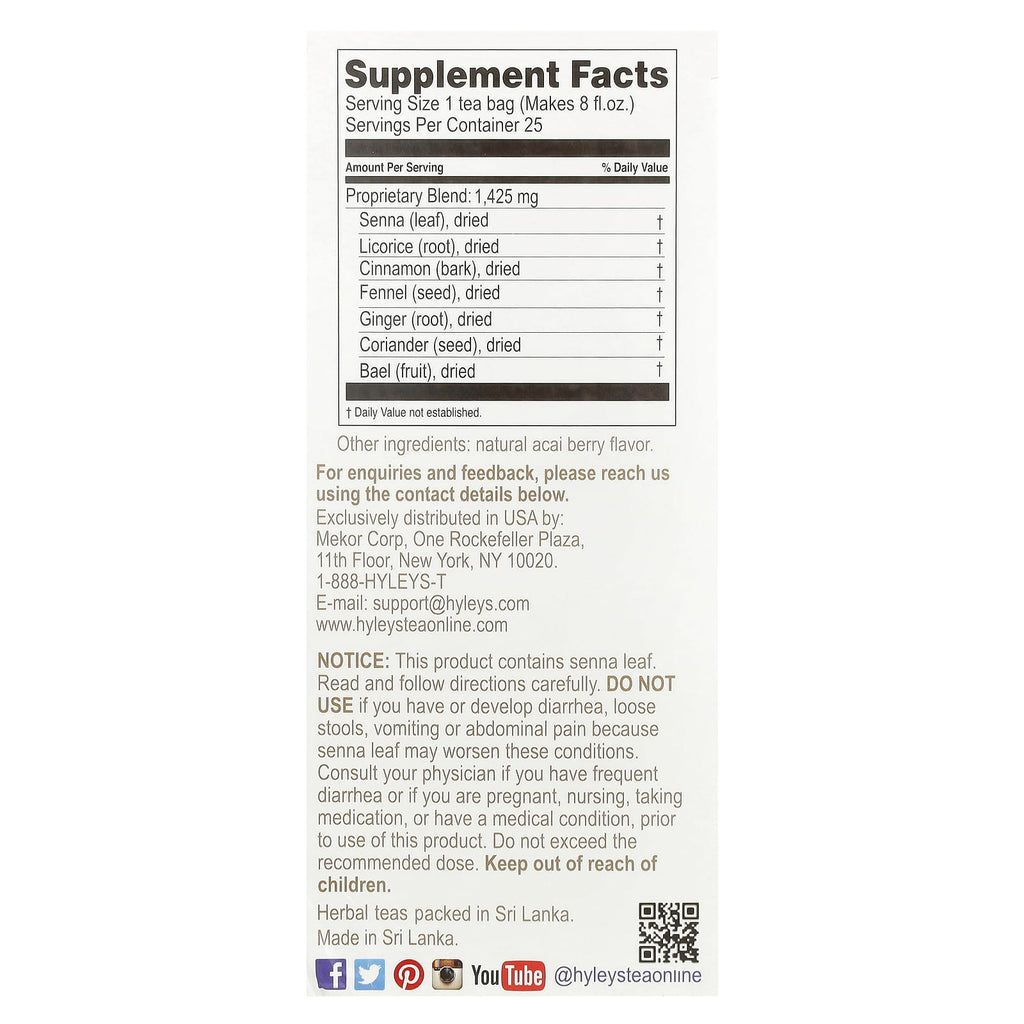 Hyleys Tea, Colon Cleanse, Acai Berry, Caffeine Free, 25 Foil Envelop Tea Bags, 1.32 oz (37.5 g)