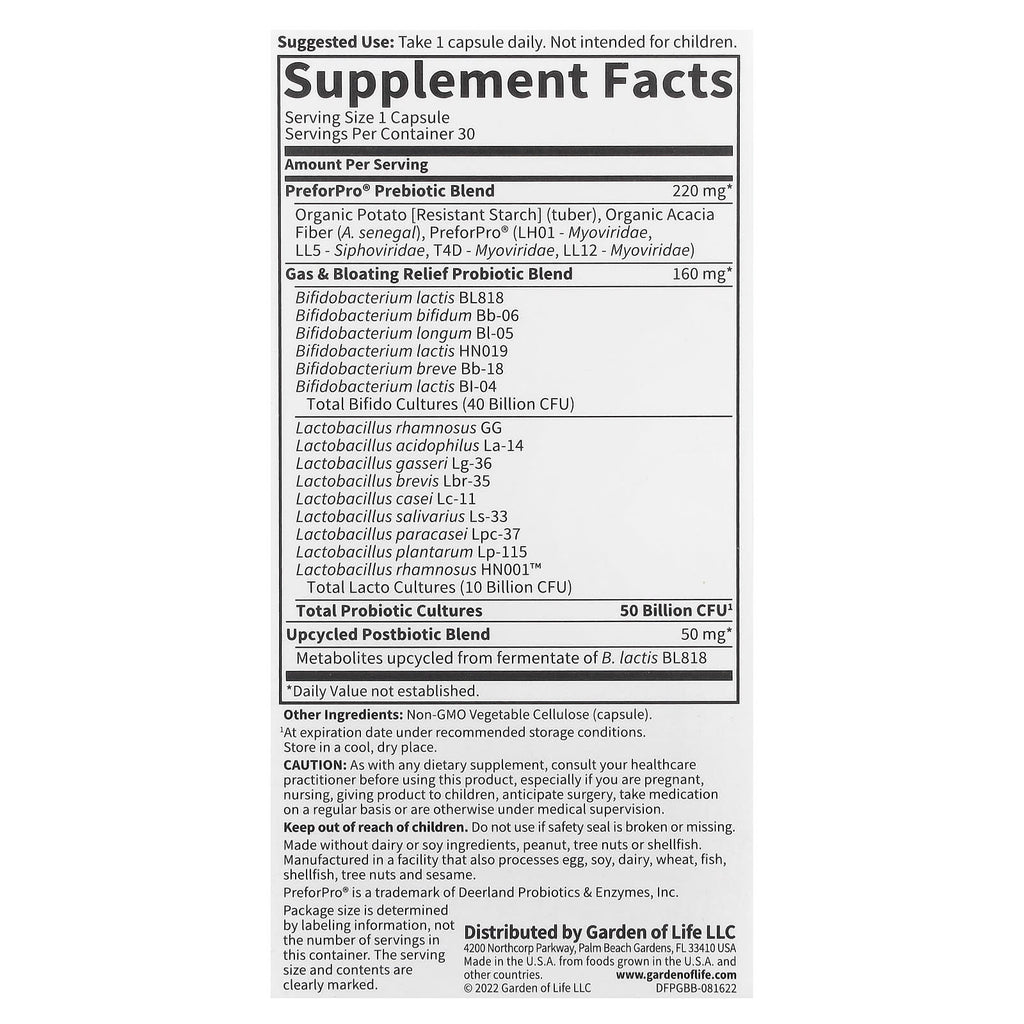 Garden of Life, Probiotics Gas & Bloating, 50 Billion, 30 Vegetarian Capsules