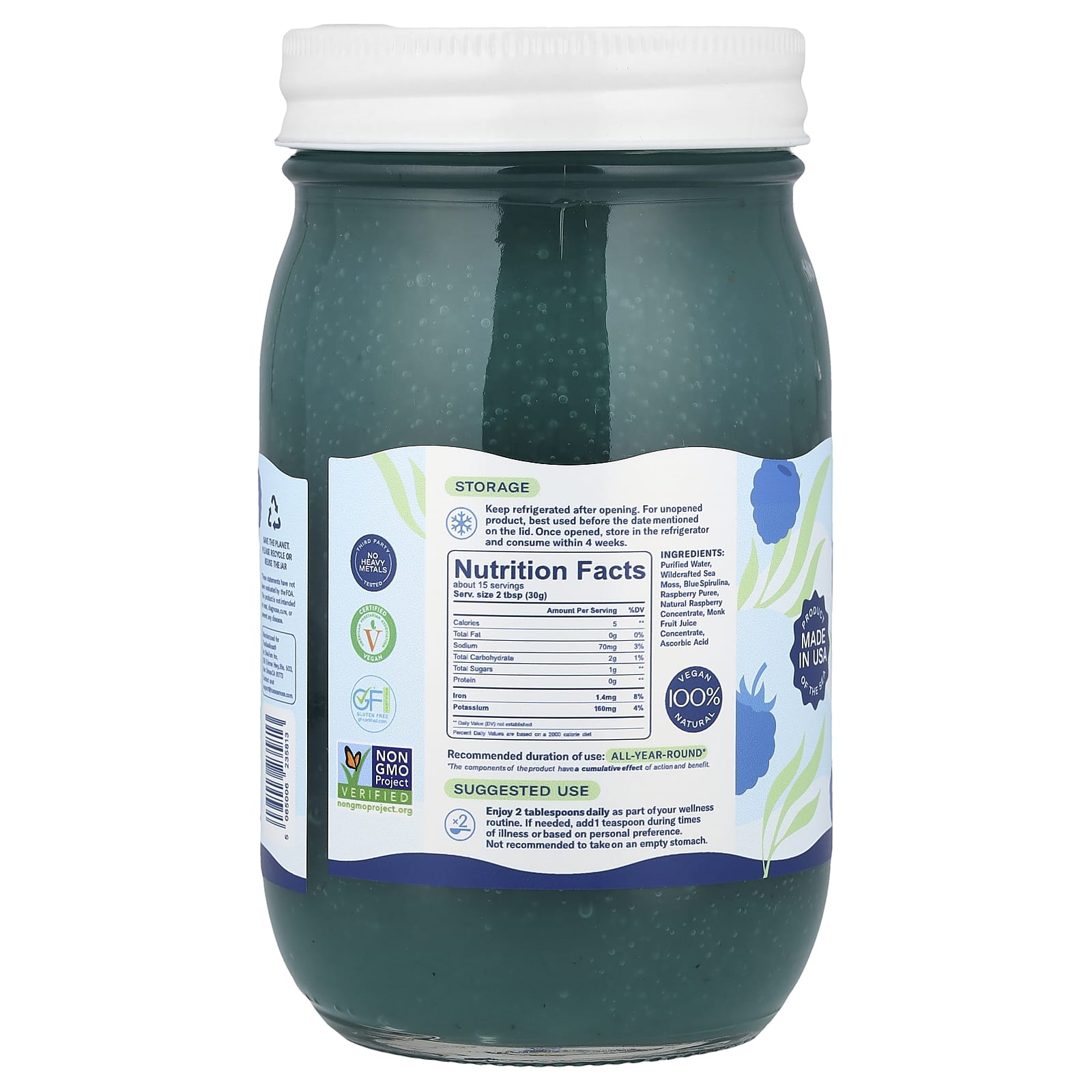 True Sea Moss, Natural Superfood From The Sea, Blue Spirulina and Raspberry, 16 fl oz (473 ml)