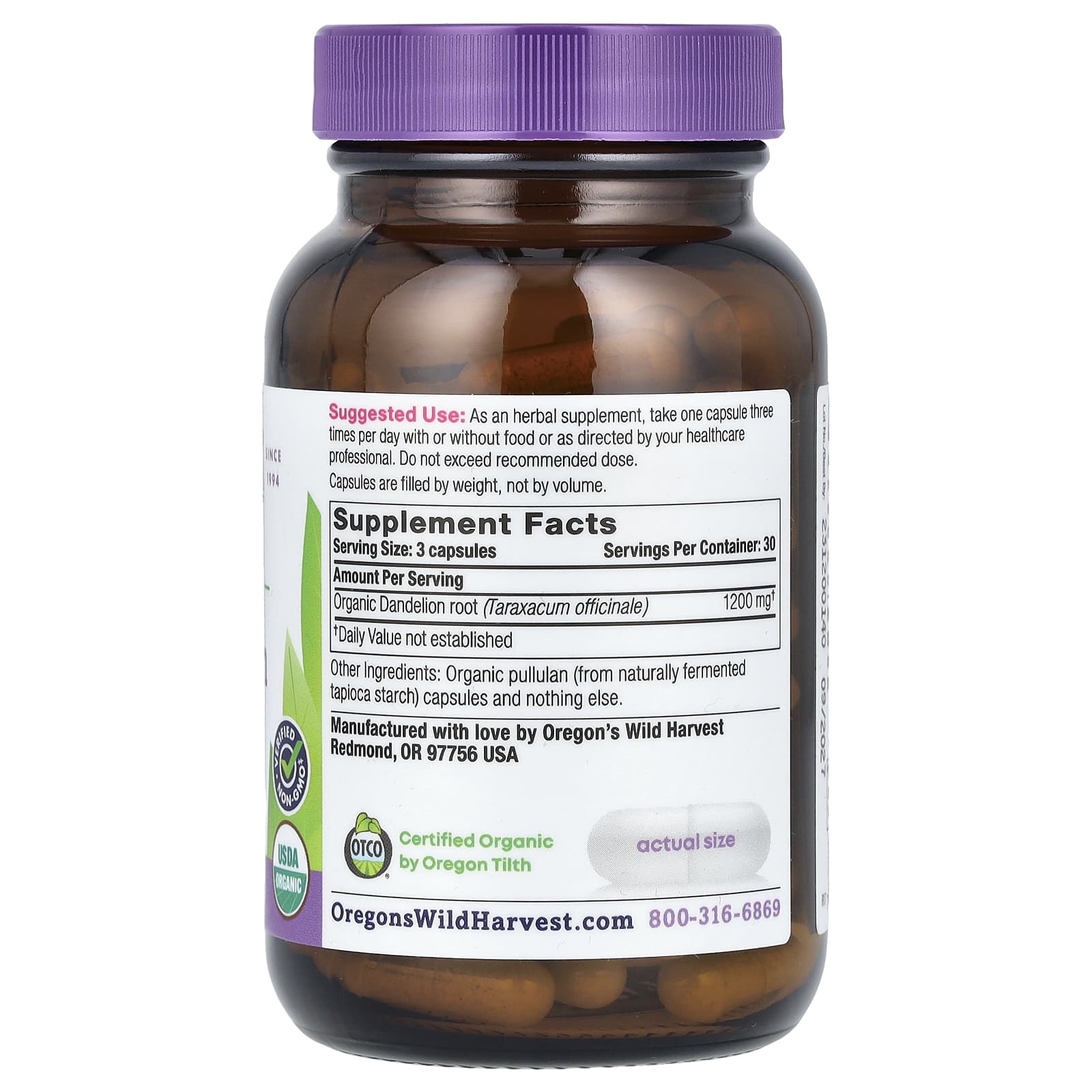 Oregon's Wild Harvest, Organic Dandelion Root, 90 Organic Vegan Capsules (400 mg per Capsule)