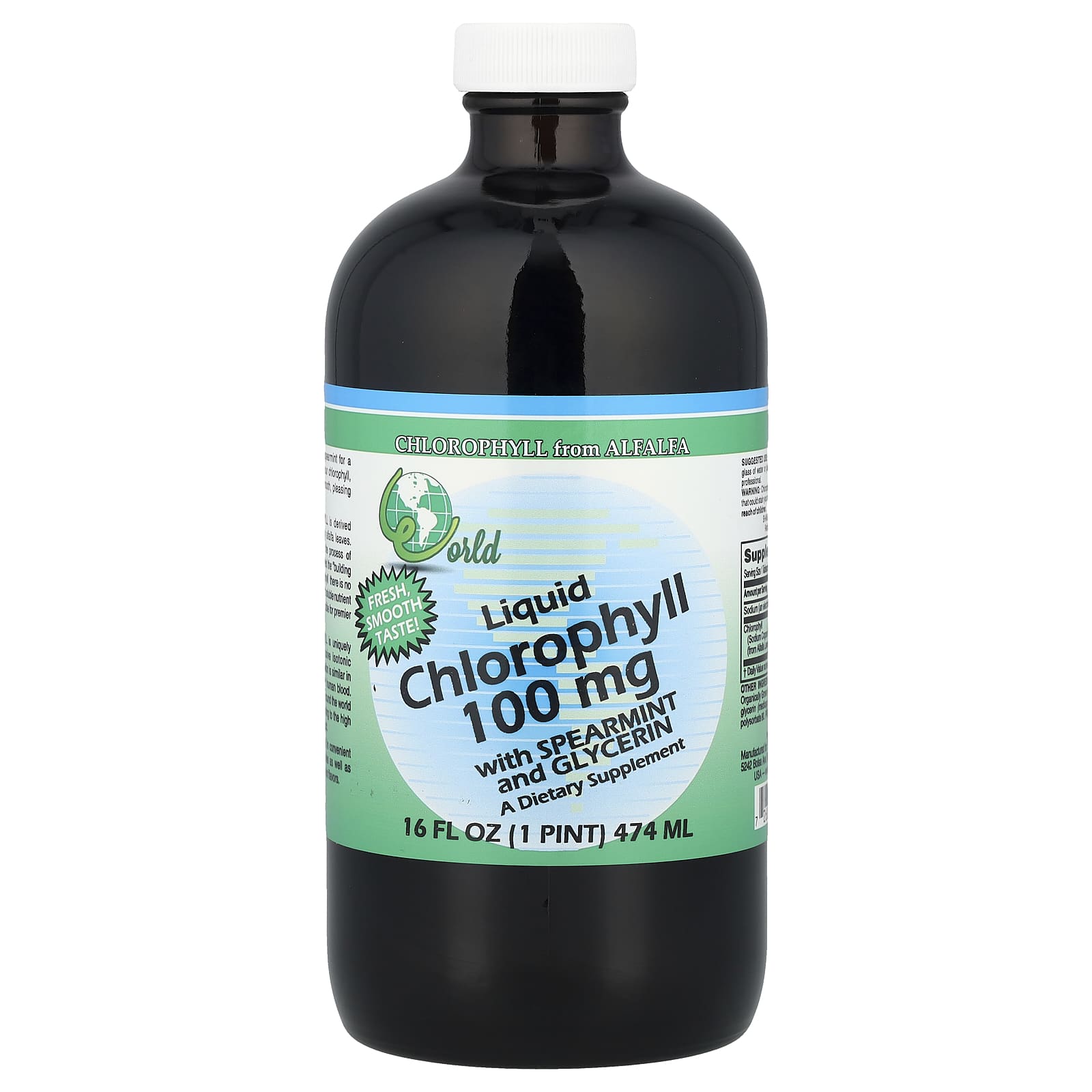 World Organic, Liquid Chlorophyll with Spearmint and Glycerin, 100 mg, 16 fl oz (474 ml)