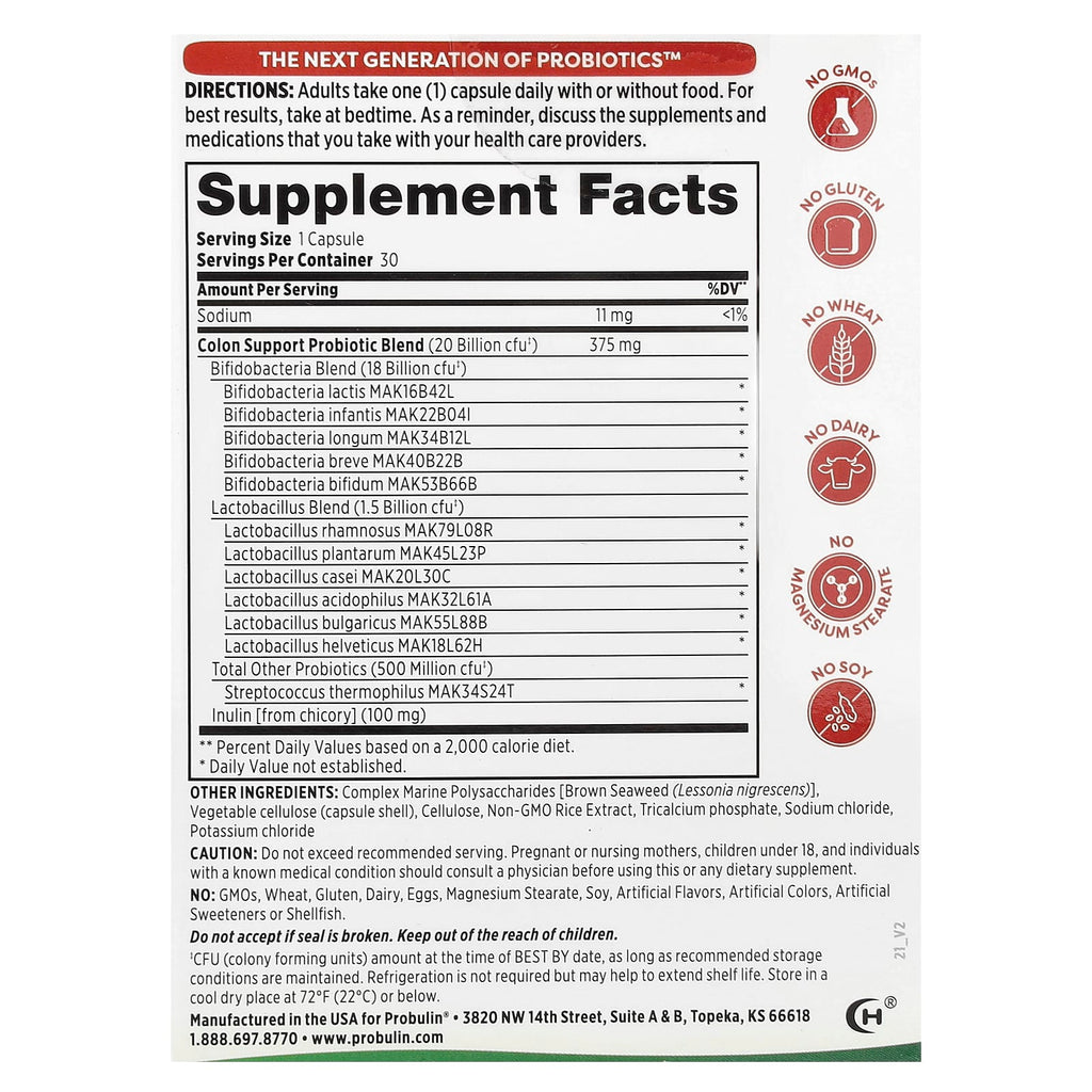 Probulin, Colon Support Probiotic, 20 Billion CFU, 30 Capsules