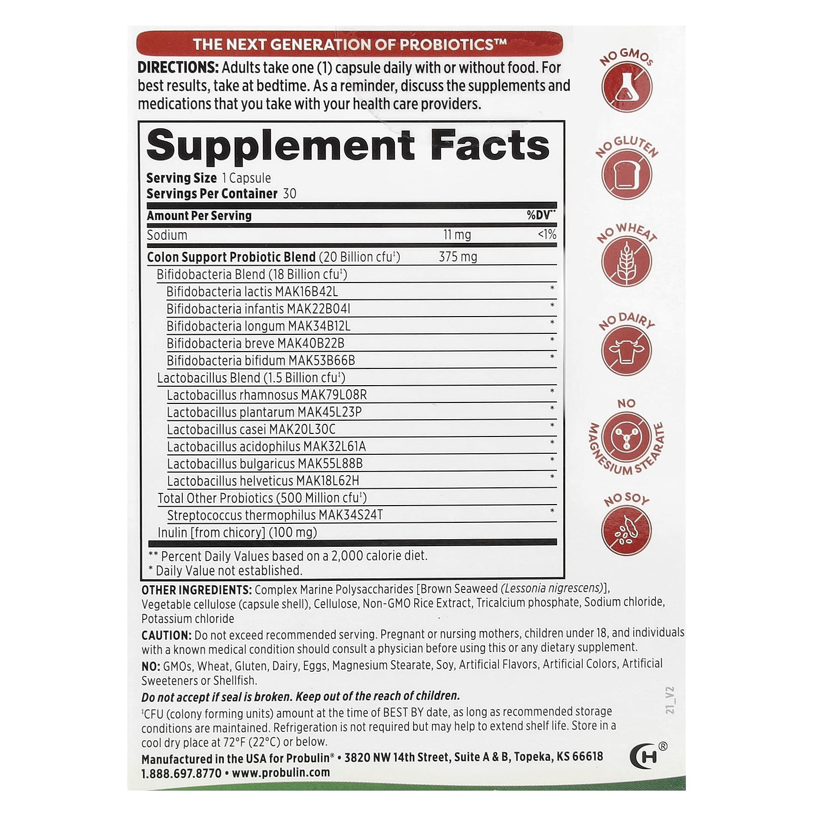 Probulin, Colon Support Probiotic, 20 Billion CFU, 30 Capsules