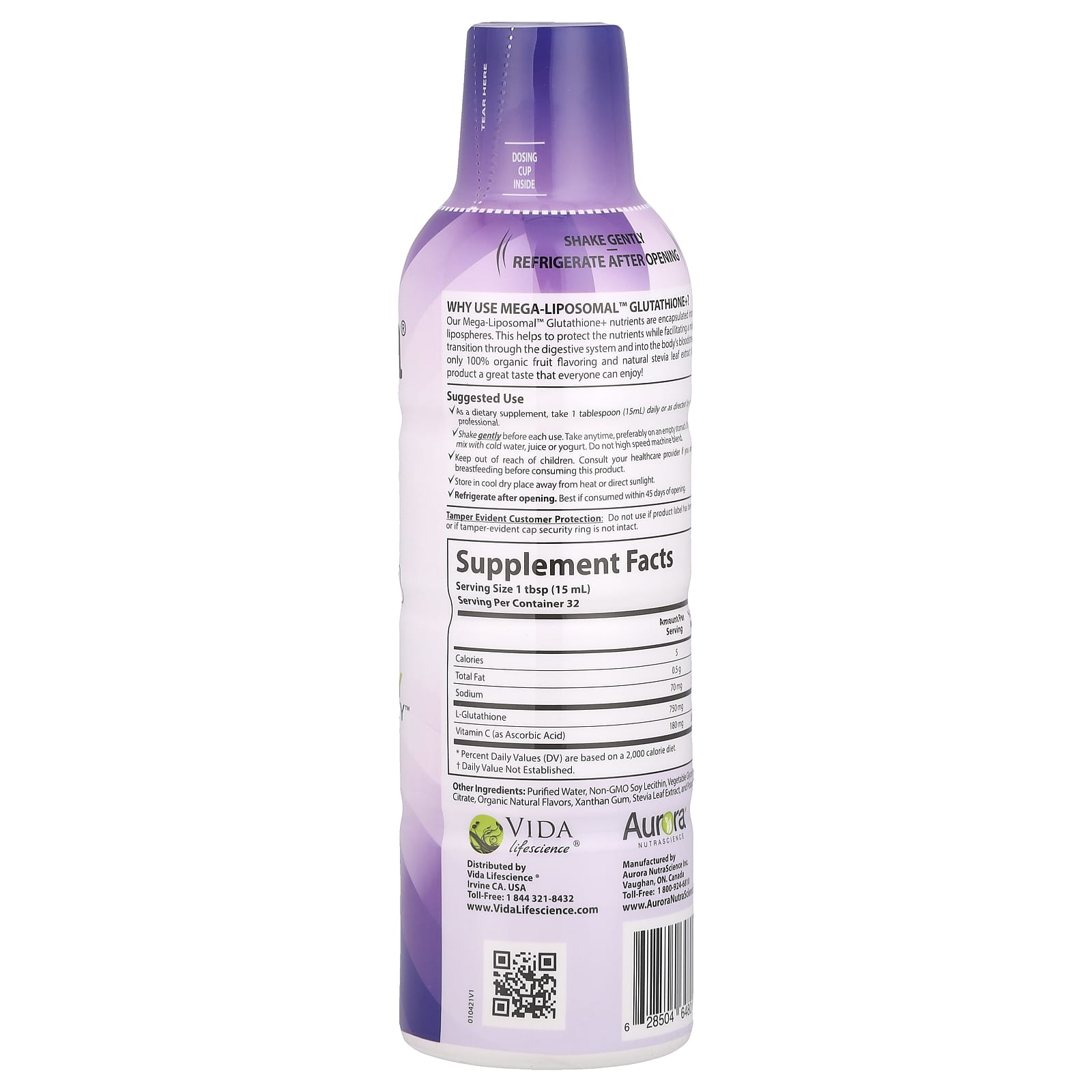 Aurora Nutrascience, Mega-Liposomal™ Glutathione+, Plus Vitamin C, Organic Fruit, 750 mg, 16 fl oz (480 ml)