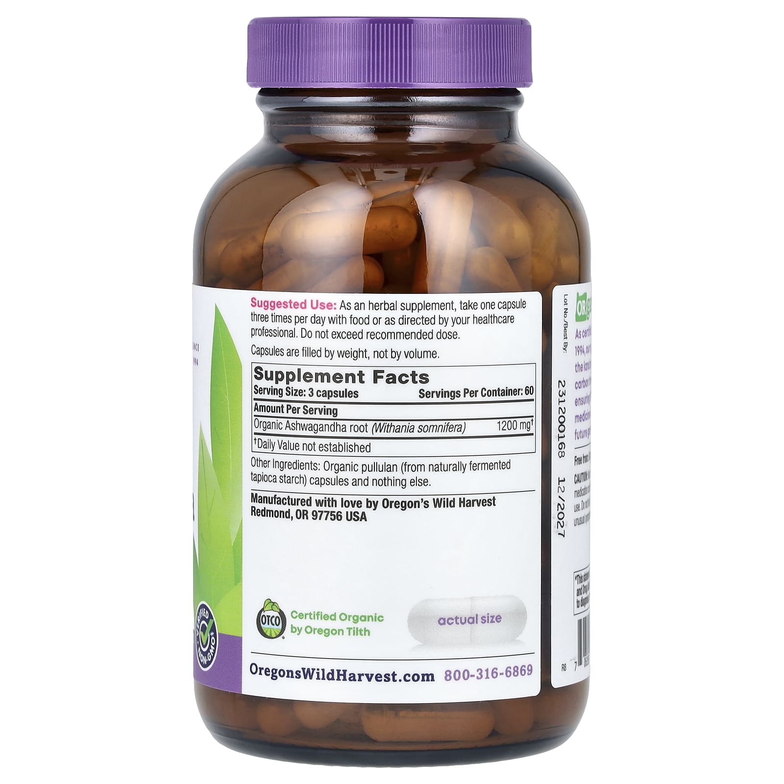 Oregon's Wild Harvest, Organic Ashwagandha, 180 Organic Vegan Capsules (400 mg per Capsule)
