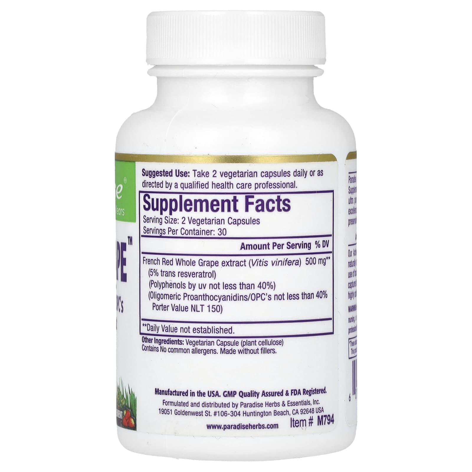Paradise Herbs, Resvera-Grape, 60 Vegetarian Capsules (250 mg per Capsule)