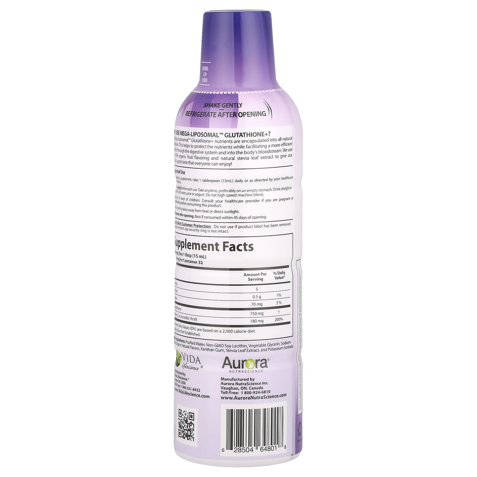 Aurora Nutrascience, Mega-Liposomal™ Glutathione+, Plus Vitamin C, Organic Fruit, 750 mg, 16 fl oz (480 ml)