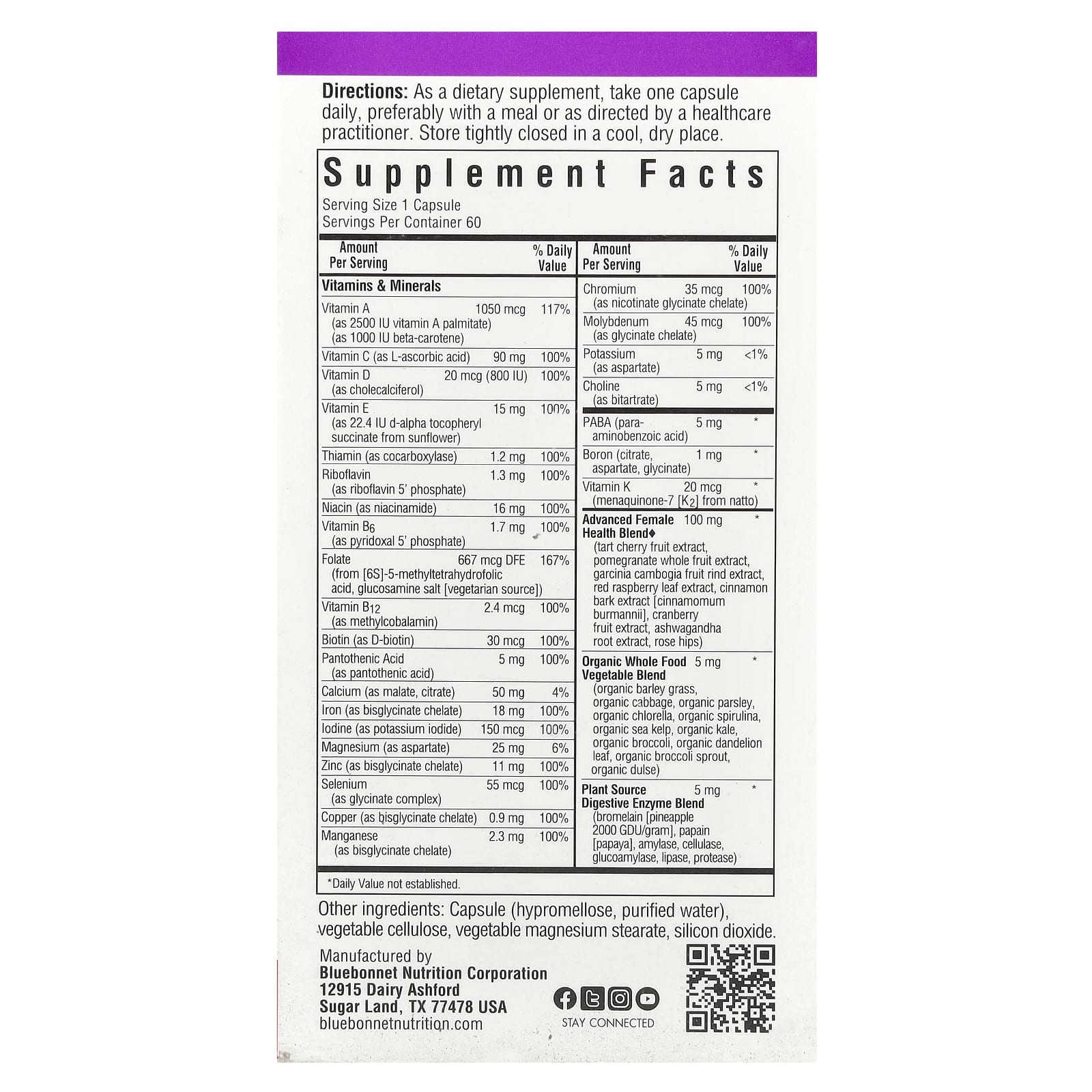 Bluebonnet Nutrition, Ladies' ONE®, Whole Food-Based Multiple, 60 Vegetables Capsules