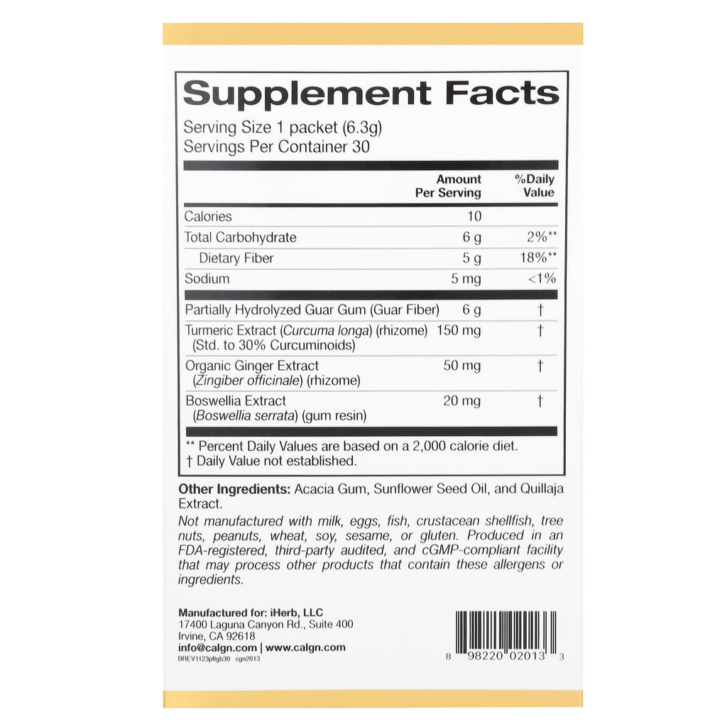 California Gold Nutrition, Prebiotic Fiber Plus Turmeric Extract, Organic Ginger Extract and Boswellia Extract , 30 Packets, 0.22 oz (6.3 g) Each