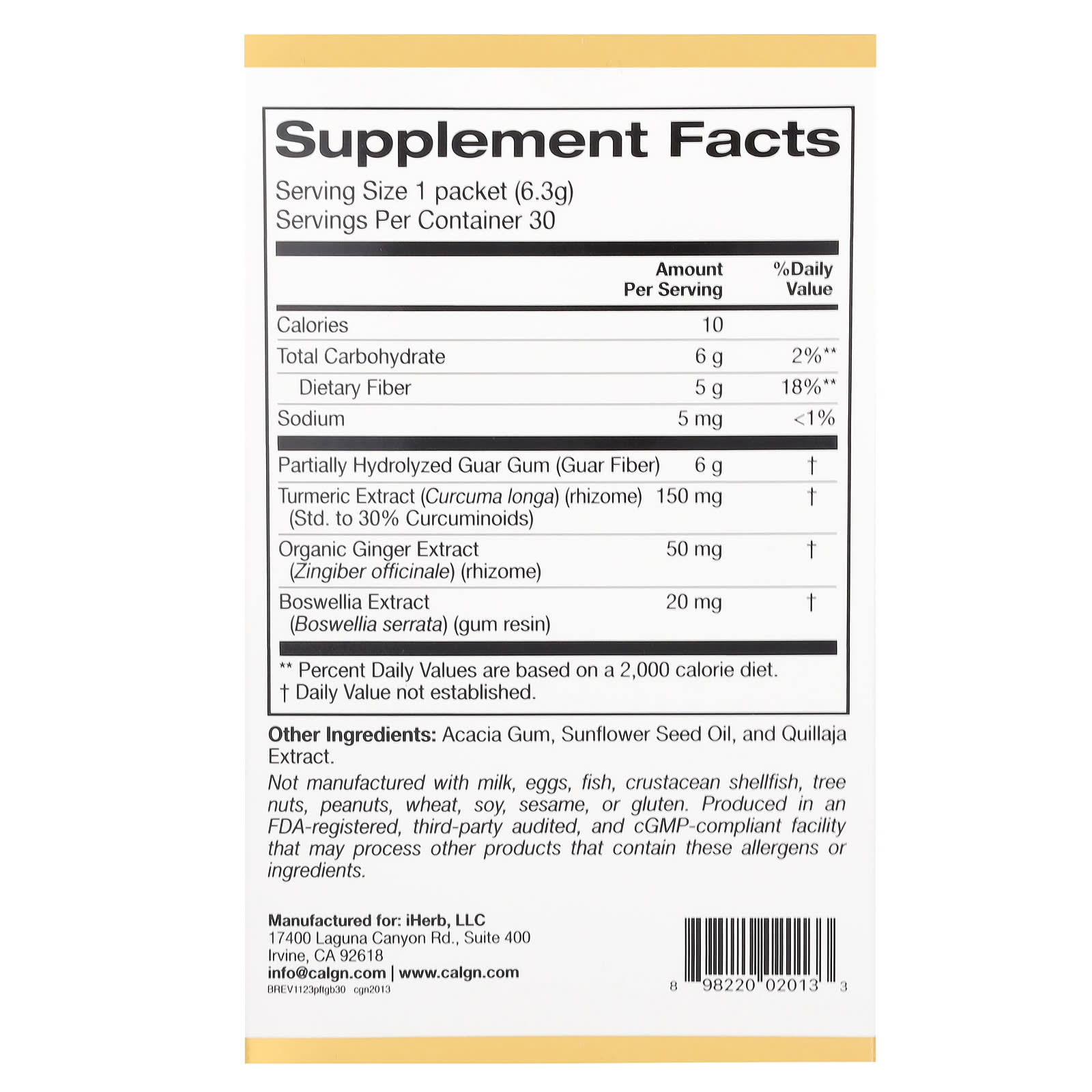 California Gold Nutrition, Prebiotic Fiber Plus Turmeric Extract, Organic Ginger Extract and Boswellia Extract , 30 Packets, 0.22 oz (6.3 g) Each
