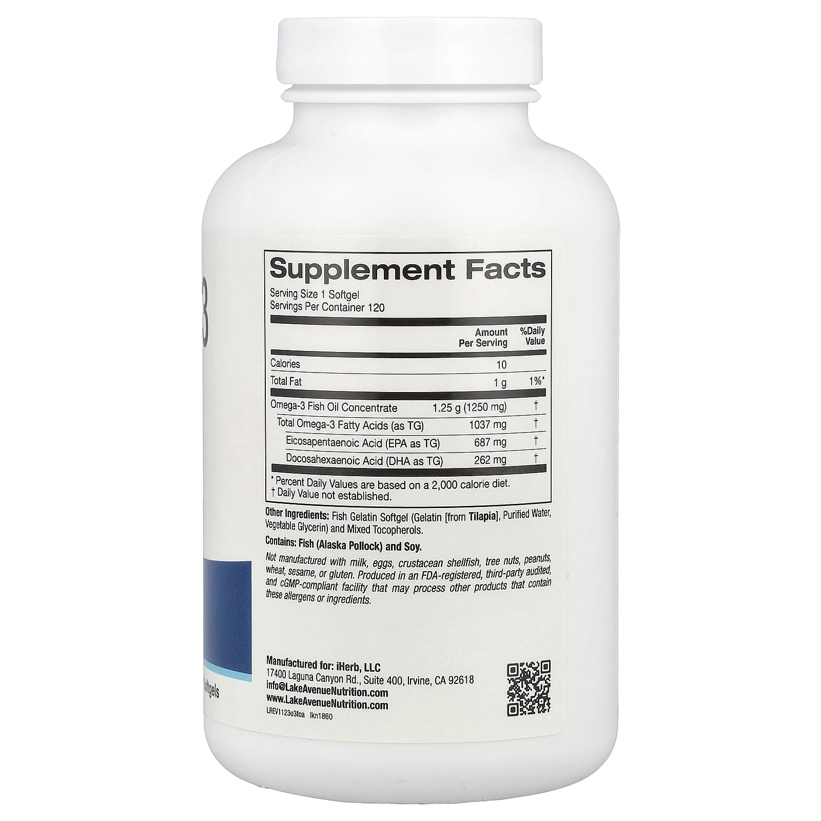 Lake Avenue Nutrition, Omega-3 Fish Oil, 120 Fish Gelatin Softgels (1,250 mg per Softgel)