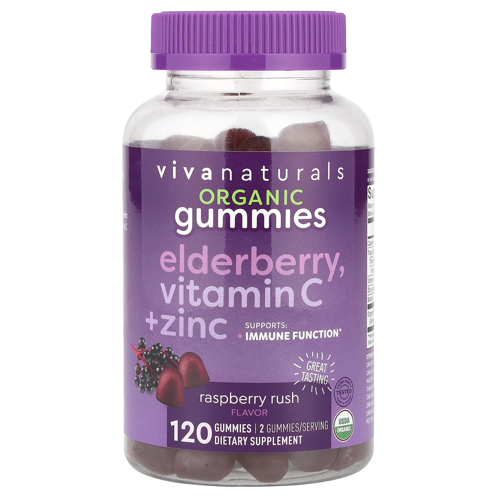 Viva Naturals, Organic Elderberry, Vitamin C + Zinc Gummies, Raspberry Rush, 120 Gummies