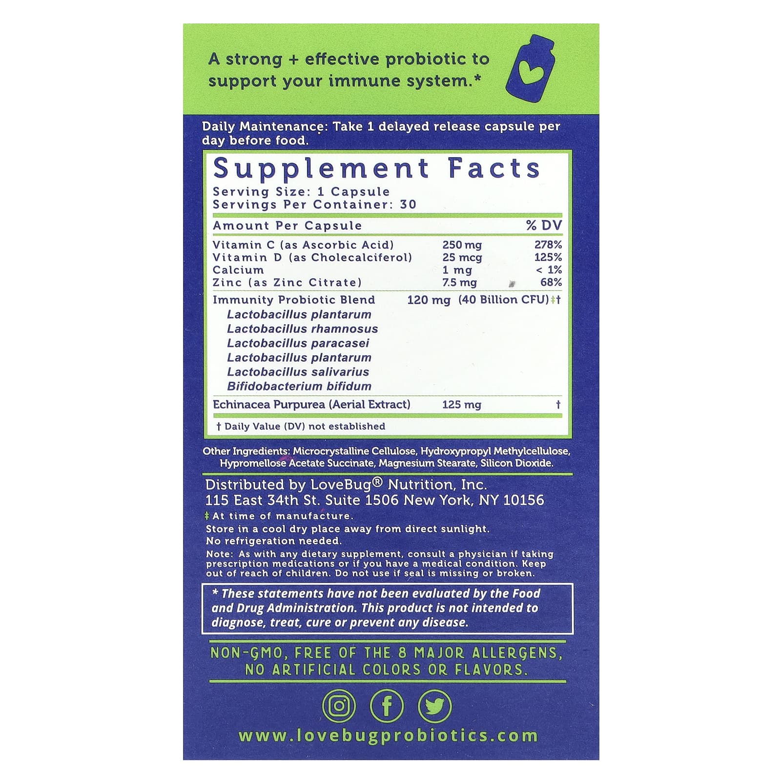 LoveBug Probiotics, Immune Support Probiotic™, Daily Probiotic, 40 Billion CFU, 30 Capsules