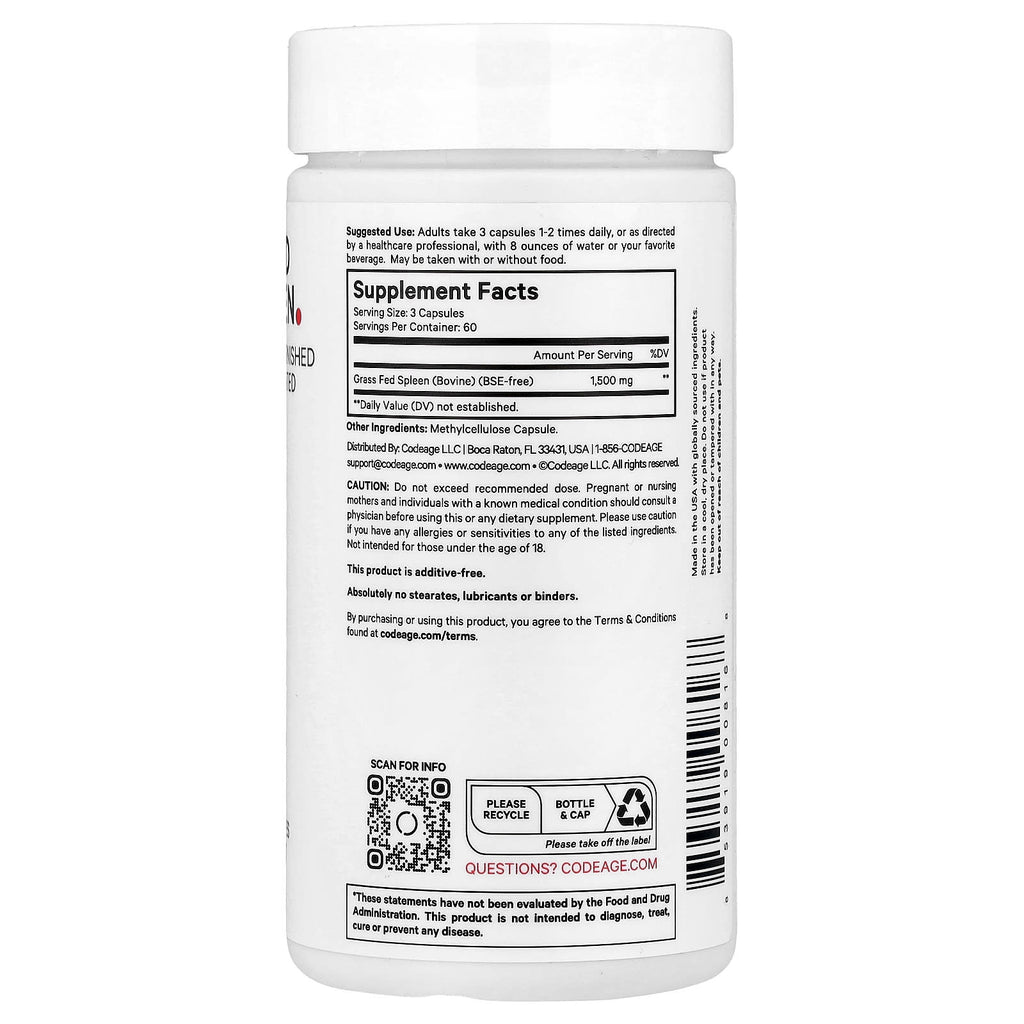 Codeage, Grass-Fed Beef Spleen, 180 Vegetable Capsules (500 mg per Capsule)