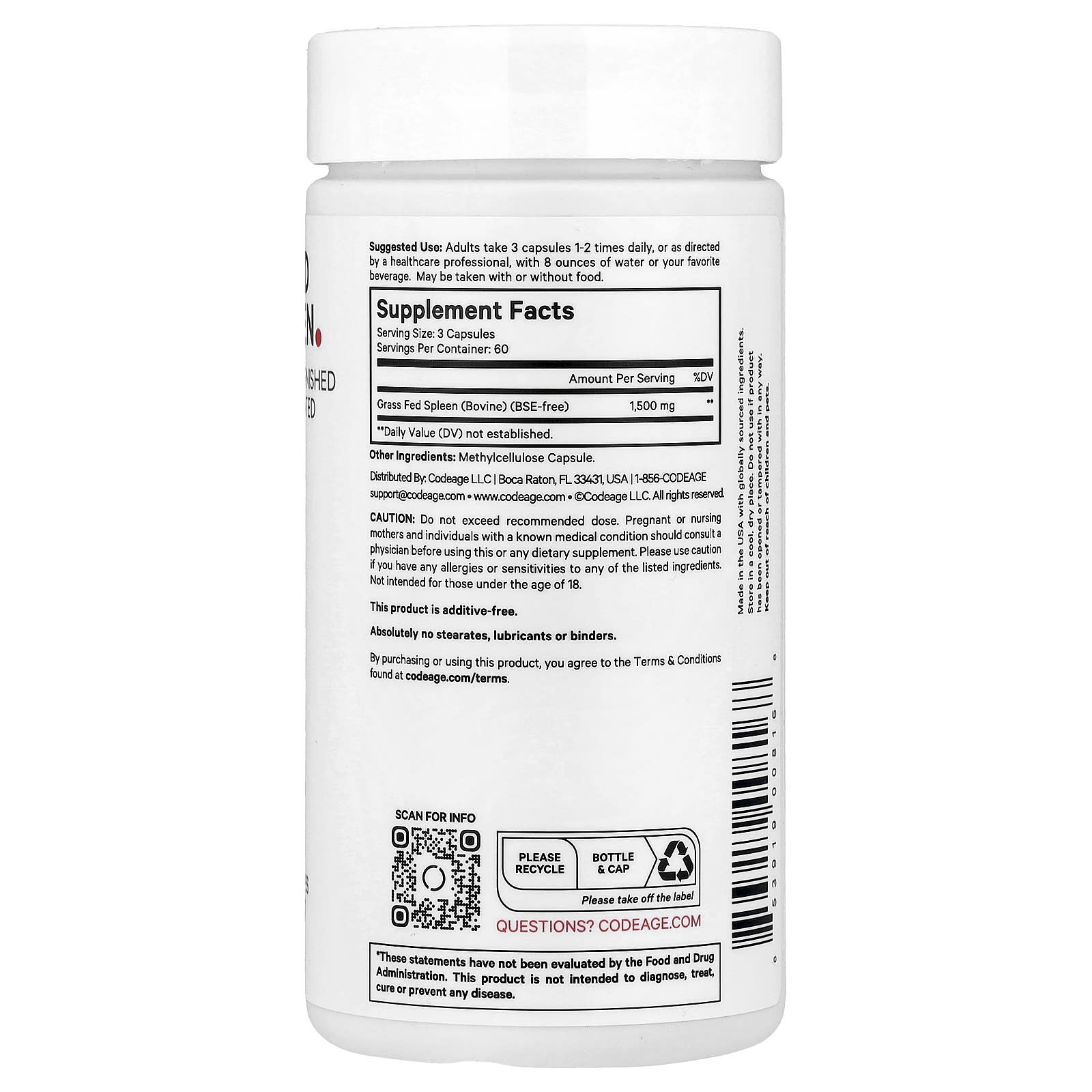Codeage, Grass-Fed Beef Spleen, 180 Vegetable Capsules (500 mg per Capsule)
