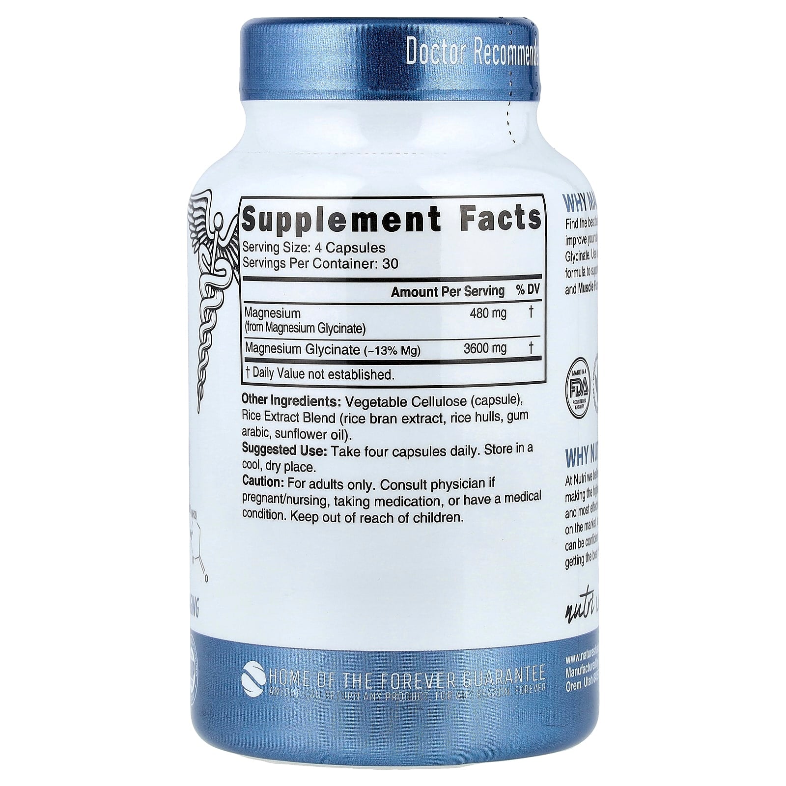 Nutri, Magnesium Glycinate, High Absorption, 120 Vegan Capsules (900 mg per Capsule)