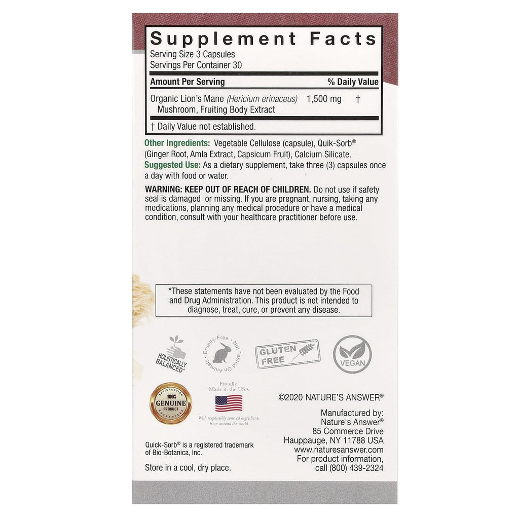 Nature's Answer, Lion's Mane, 90 Vegetarian Capsules (500 mg per Capsule)