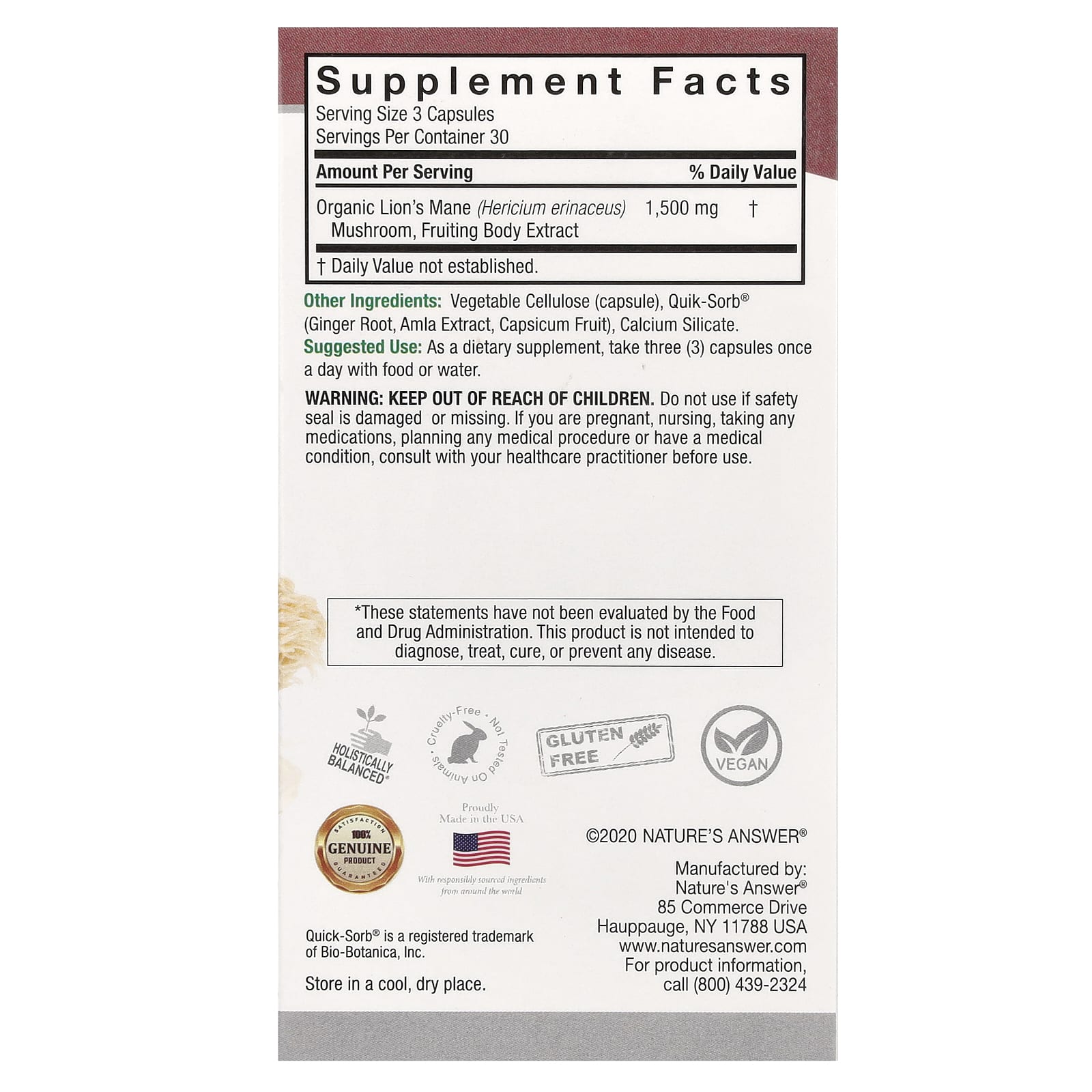 Nature's Answer, Lion's Mane, 90 Vegetarian Capsules (500 mg per Capsule)