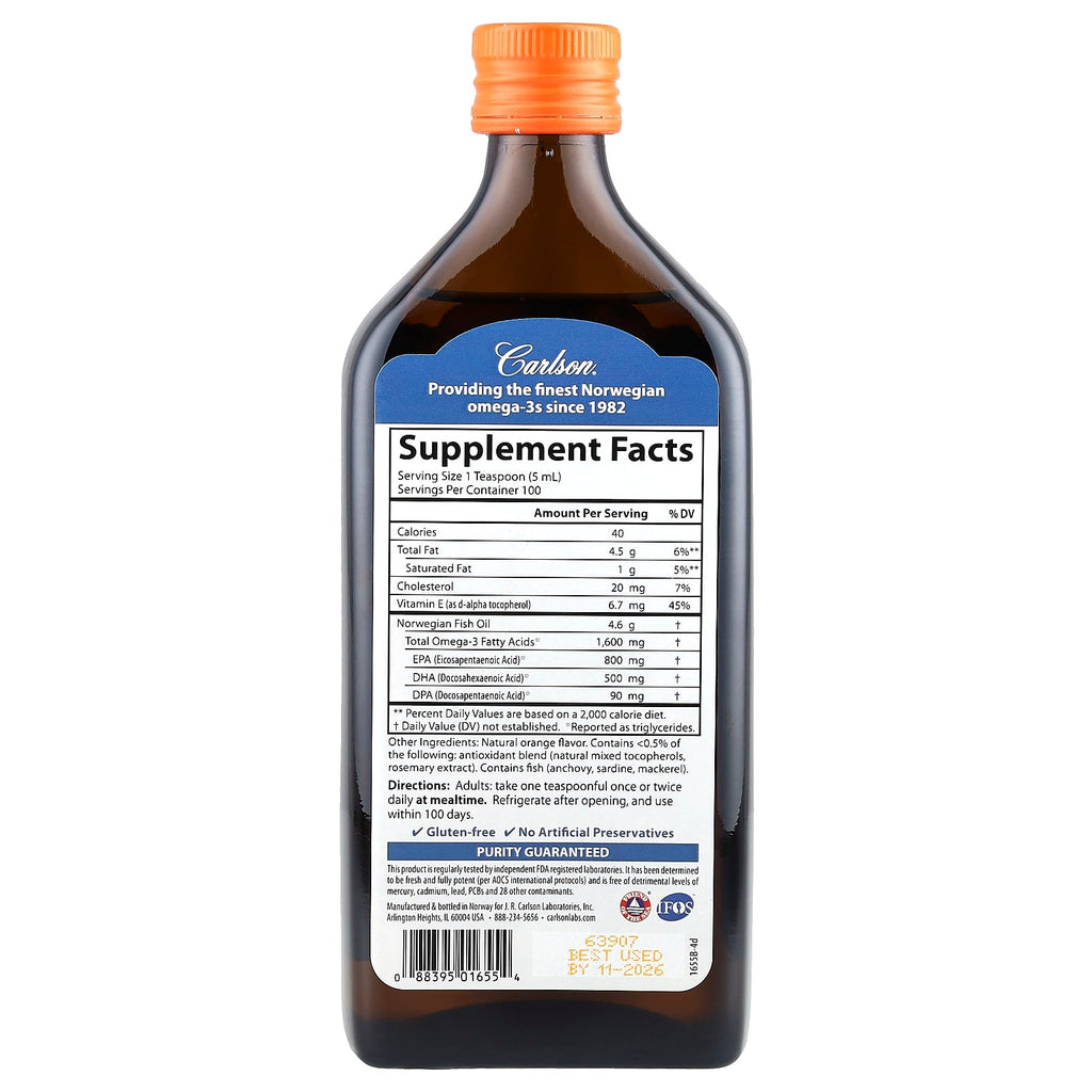Carlson, Norwegian, The Very Finest Fish Oil, Natural Orange , 1,600 mg, 16.9 fl oz (500 ml)