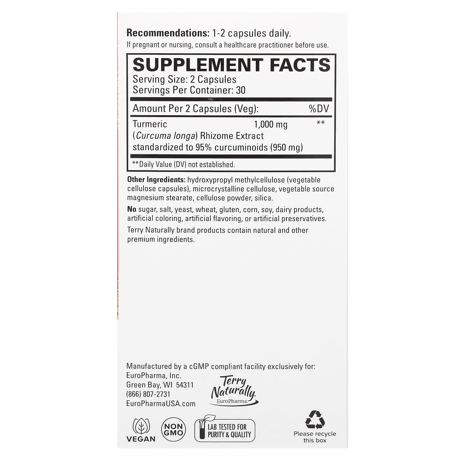 Terry Naturally, Turmeric 50X, High Potency, 60 Capsules (500 mg per Capsule)