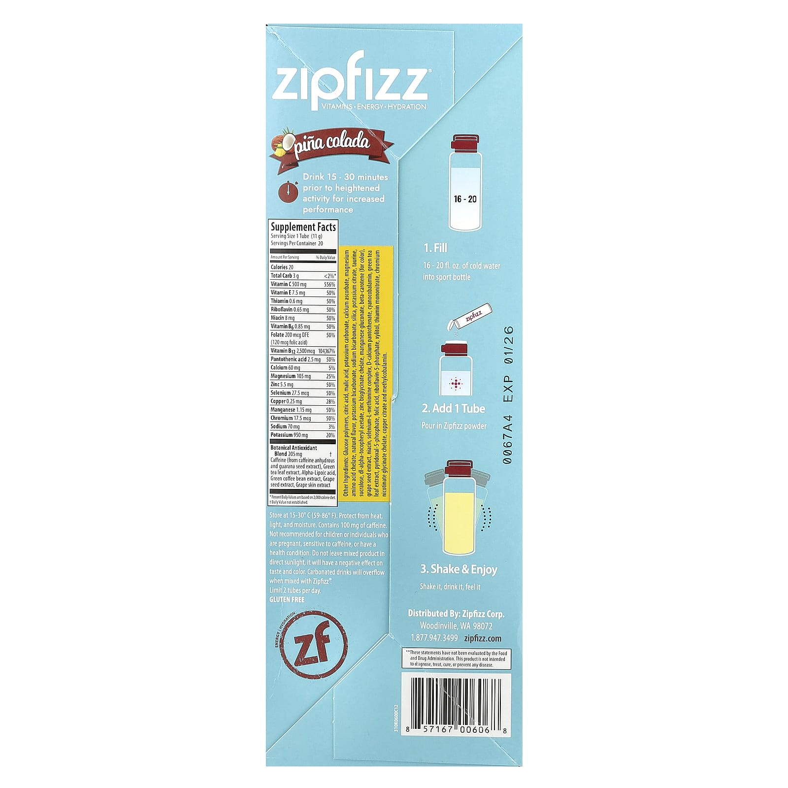 Zipfizz, Pina Colada, 20 Tubes, 0.39 oz (11 g) Each