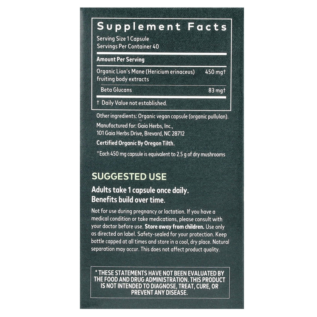 Gaia Herbs, Lion's Mane Mushroom, 40 Vegan Capsules
