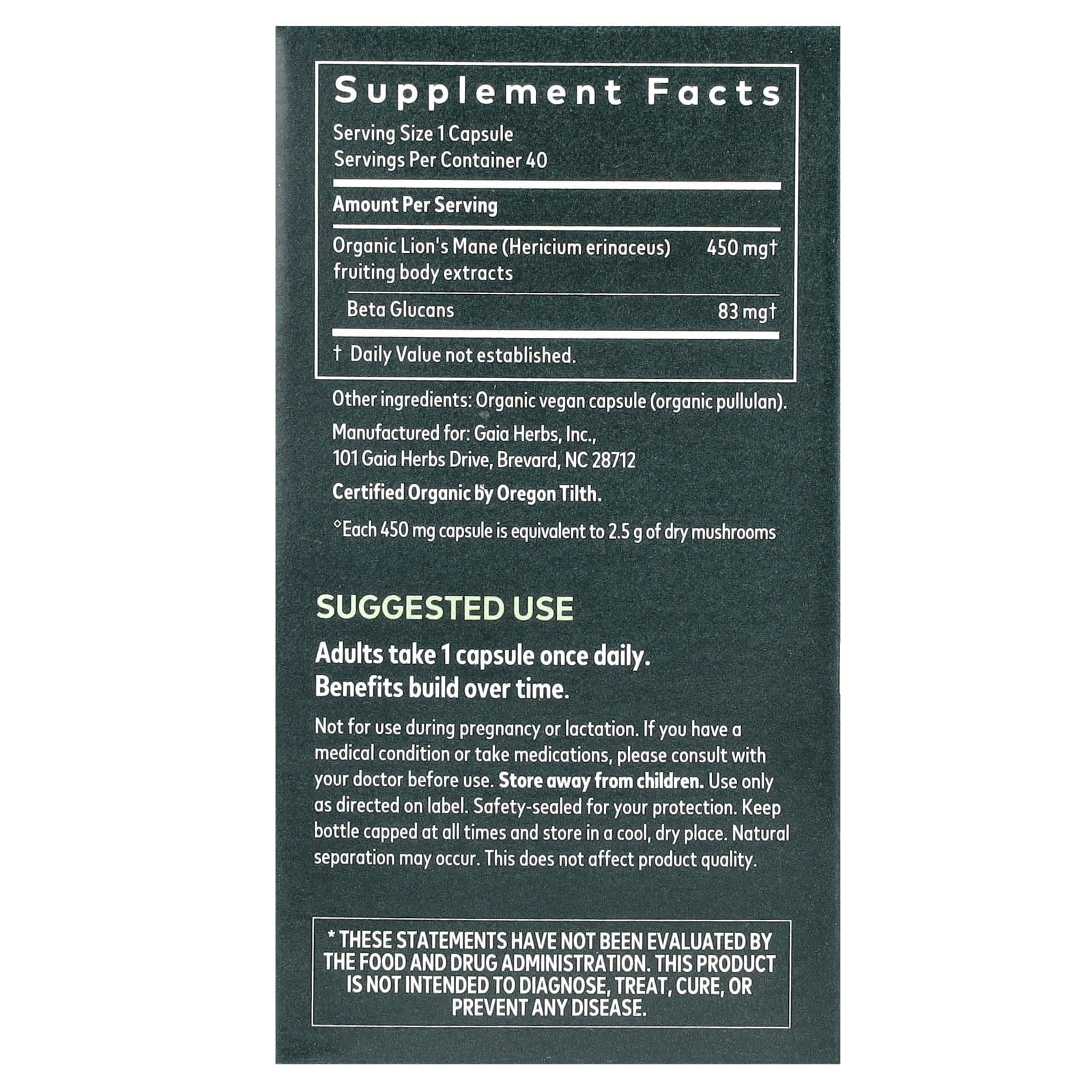 Gaia Herbs, Lion's Mane Mushroom, 40 Vegan Capsules
