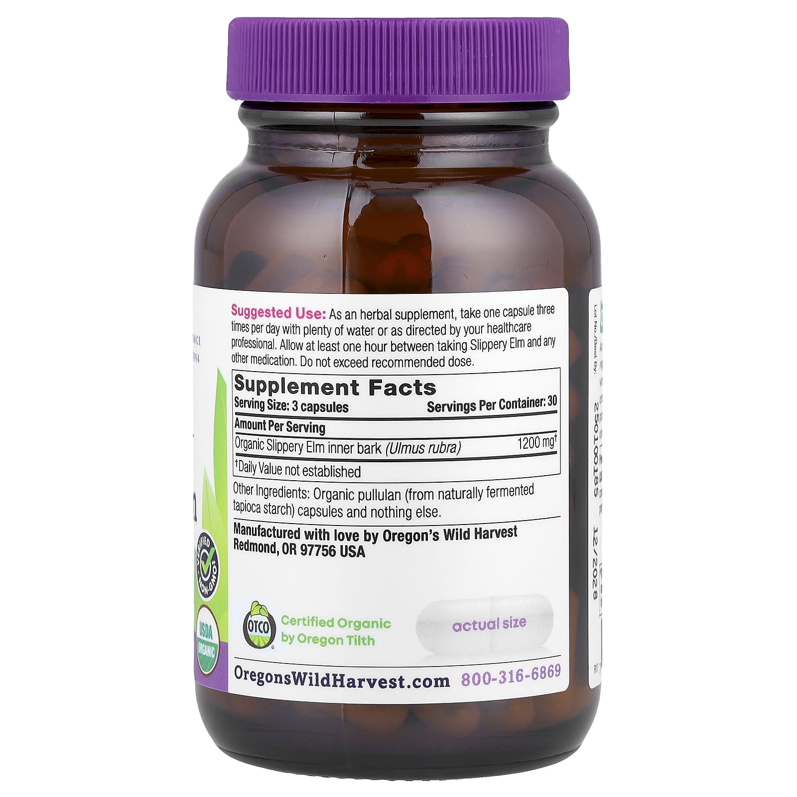 Oregon's Wild Harvest, Organic Slippery Elm, 90 Organic Vegan Capsules (400 mg per Capsule)