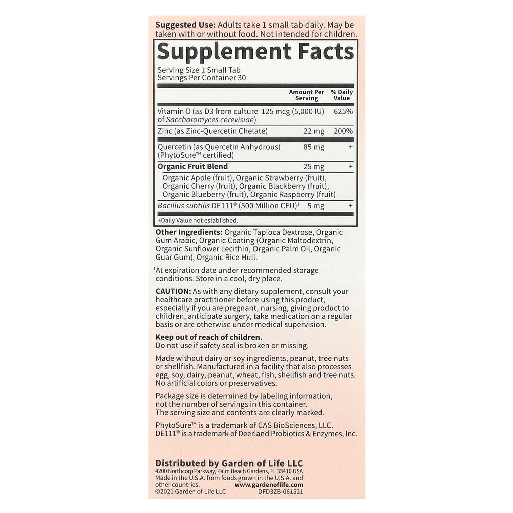 Garden of Life, Vitamin D3 & Zinc, 30 Small Tabs