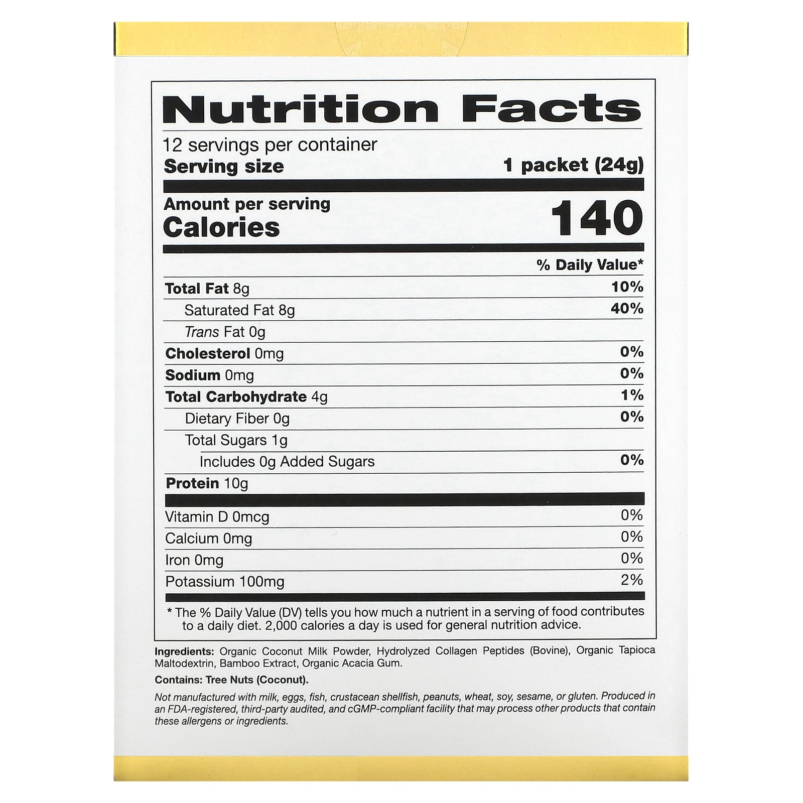 California Gold Nutrition, Superfoods, Collagen Coconut Creamer with Organic Coconut Milk Powder, and Hydrolyzed Collagen Peptides, Unsweetened, 12 Packets 0.85 oz (24 g) Each