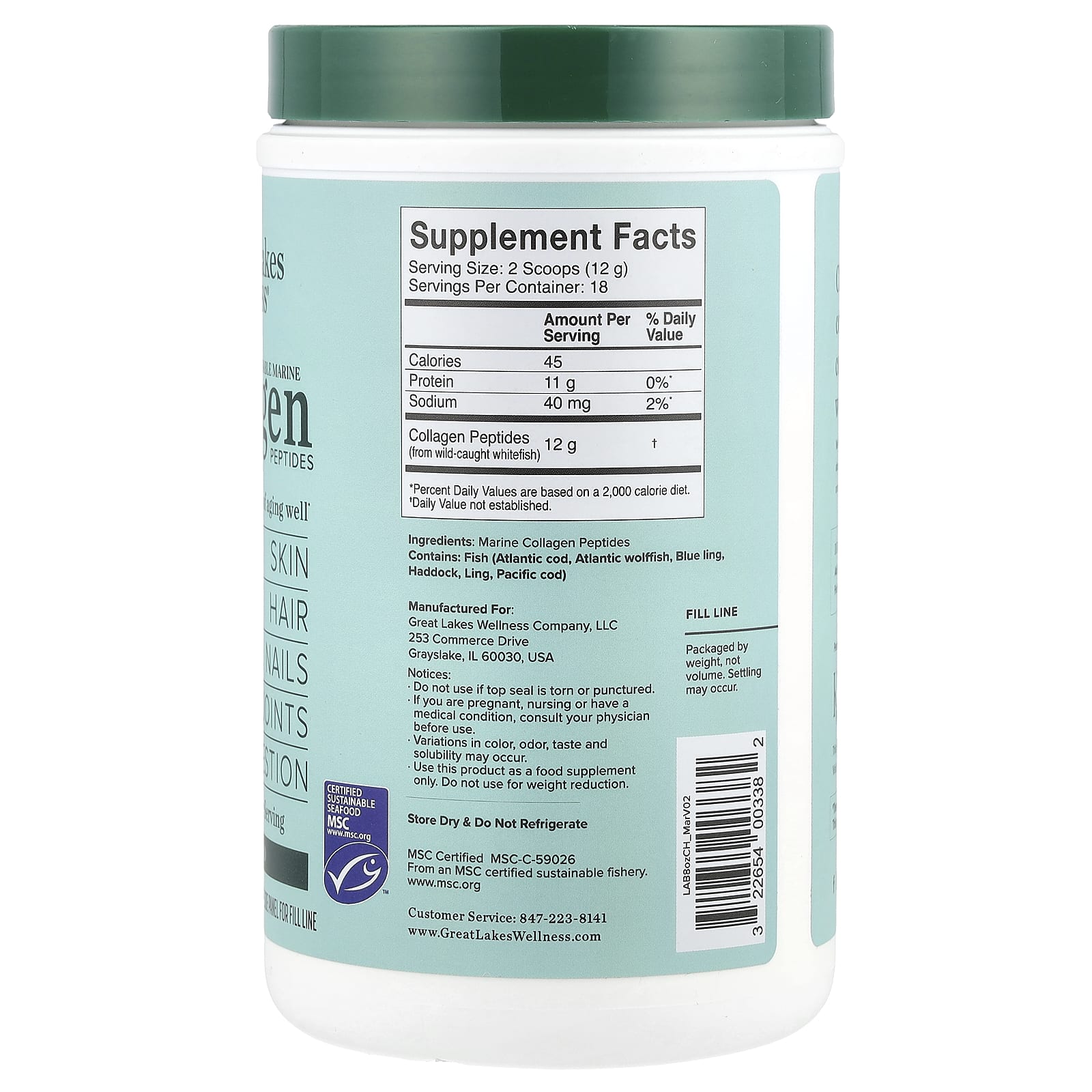 Great Lakes Wellness, Sustainable Marine Collagen Peptides, Unflavored, 8 oz (227 g)