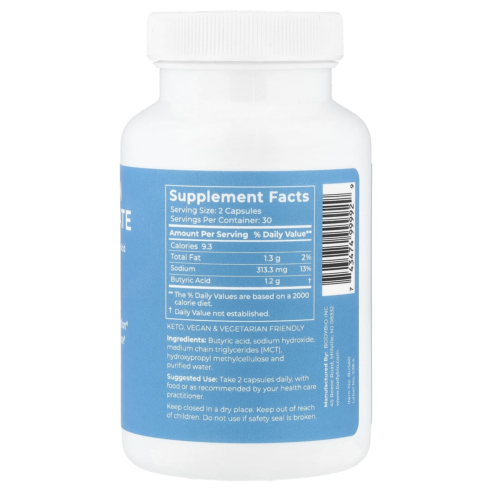BodyBio, Sodium Butyrate, 60 Capsules