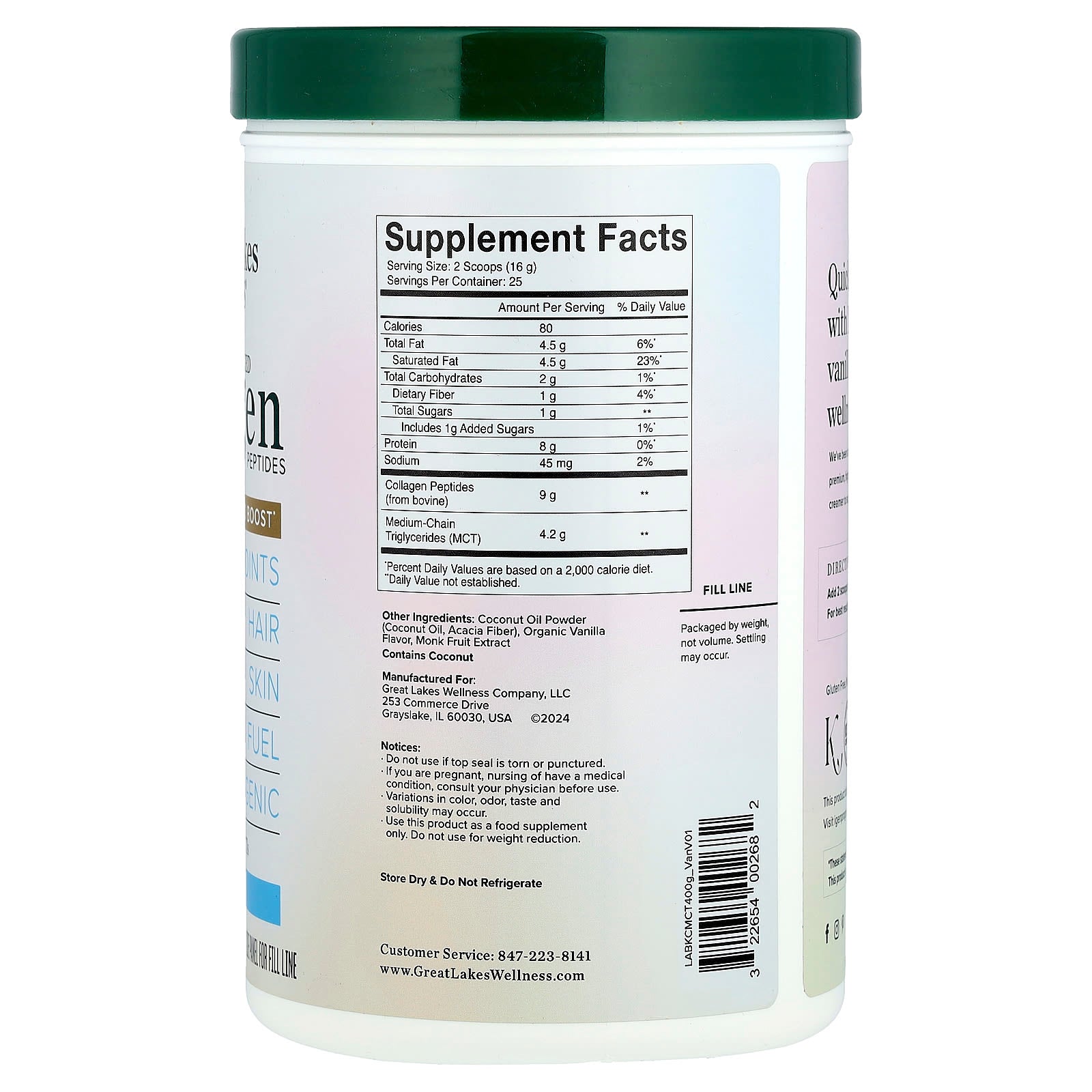 Great Lakes Wellness, Advanced Collagen Peptides, Vanilla, 14.1 oz (400 g)