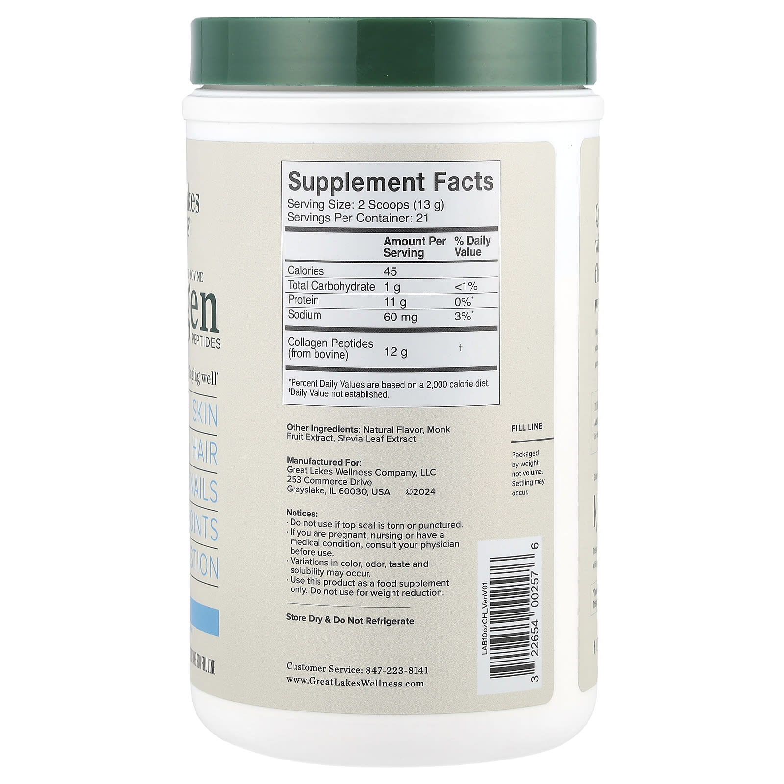 Great Lakes Wellness, Grass-Fed Bovine Collagen Peptides, Vanilla, 10 oz (284 g)