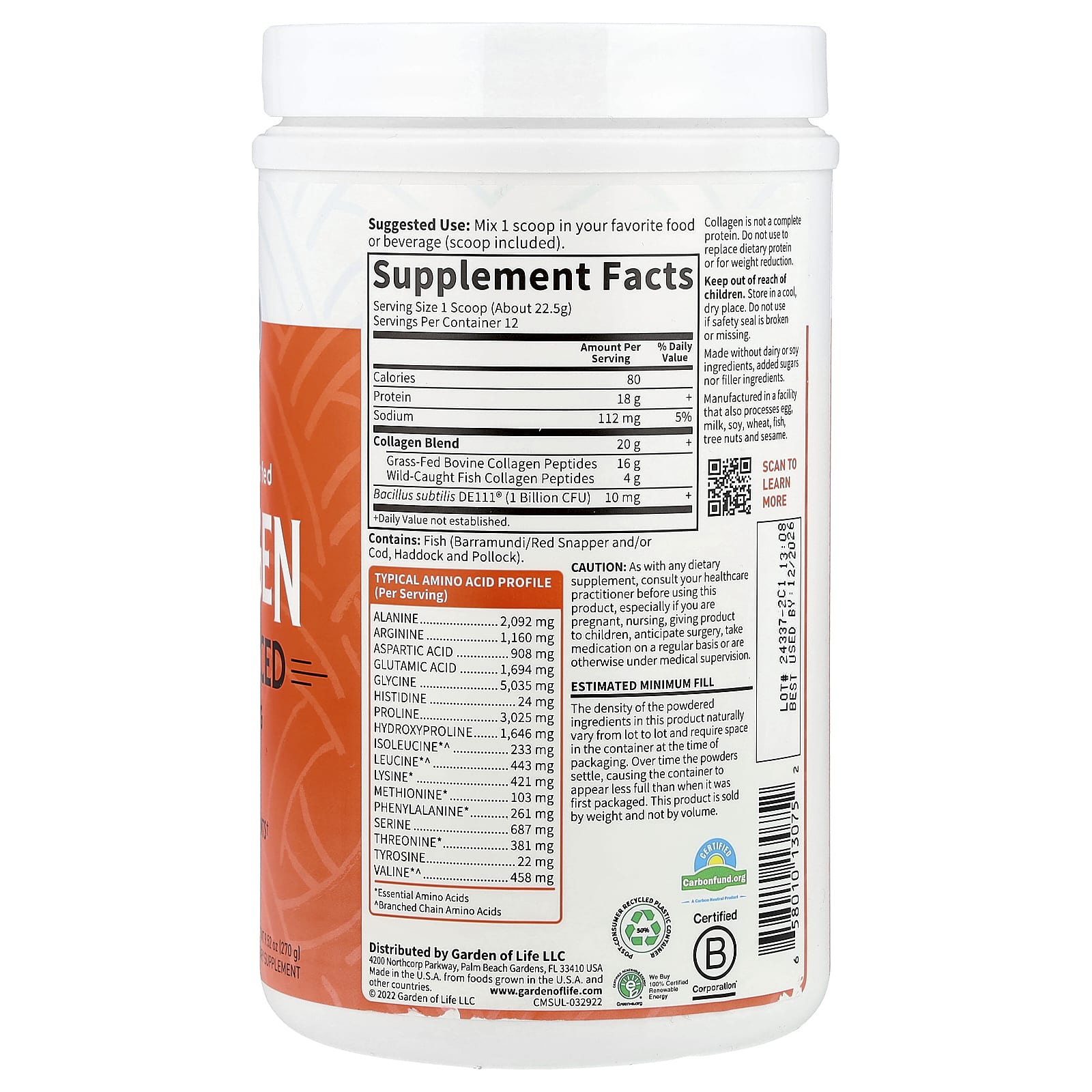 Garden of Life, Wild Caught & Grass Fed Collagen, Multi-Sourced, Unflavored, 9.52 oz (270 g)