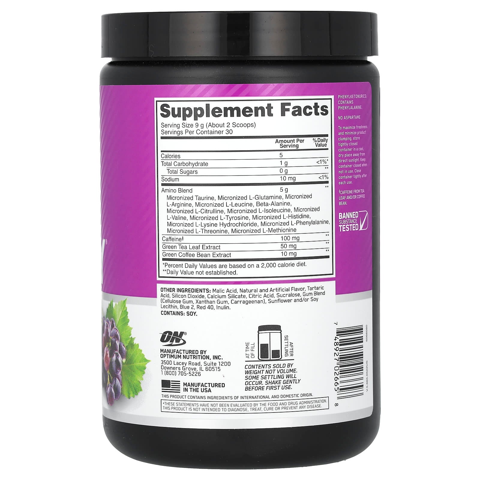 Optimum Nutrition, Essential Amin.O. Energy®, Concord Grape, 9.5 oz (270 g)