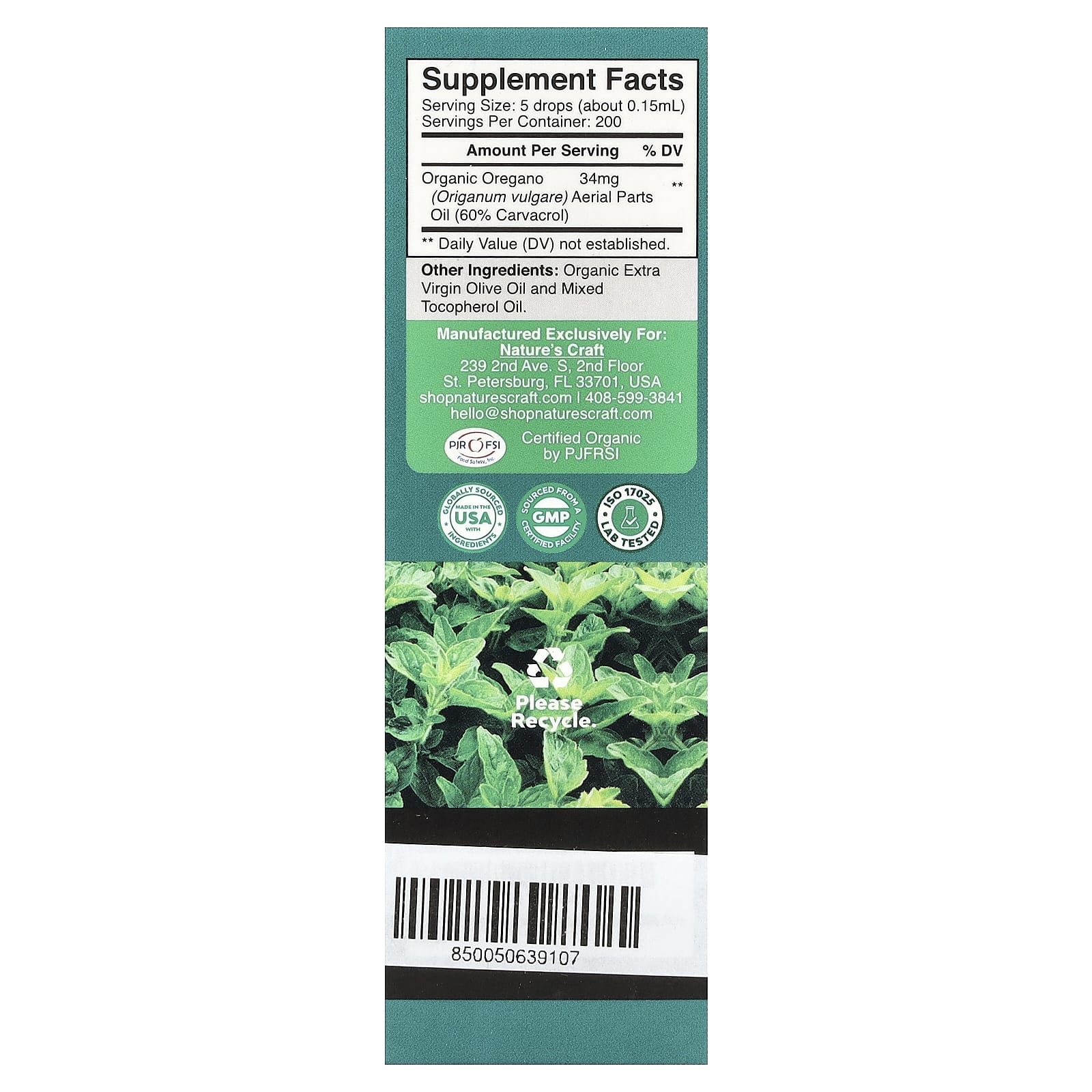 Nature's Craft, Organic Oil of Oregano, Alcohol-Free, 30 ml