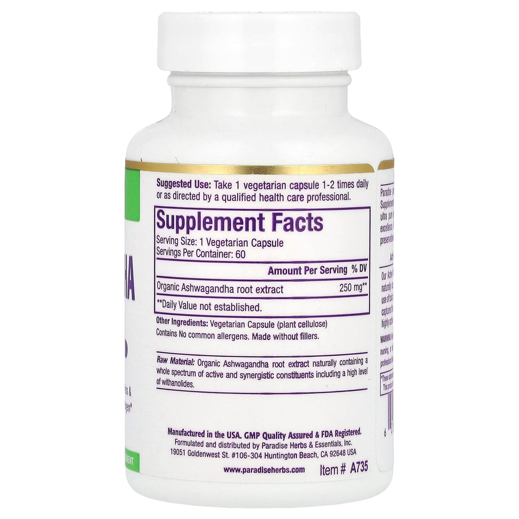 Paradise Herbs, Ashwagandha Extract, 60 Vegetarian Capsules (250 mg per Capsule)