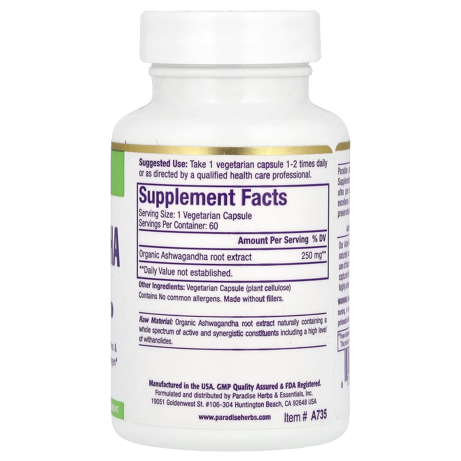 Paradise Herbs, Ashwagandha Extract, 60 Vegetarian Capsules (250 mg per Capsule)