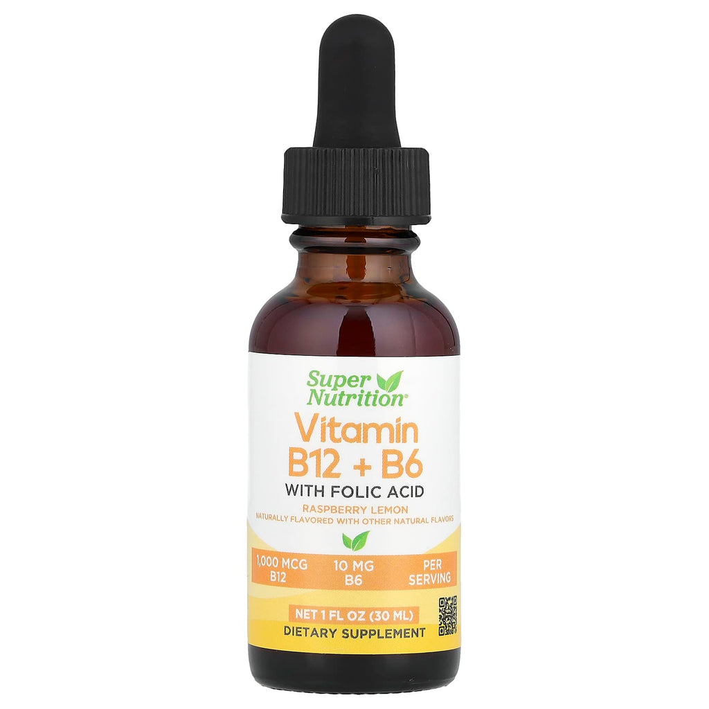 Super Nutrition, Vitamin B12 as Methylcobalamin with Vitamin B6 and Folic Acid, Raspberry Lemon, 1 fl oz (30 ml)