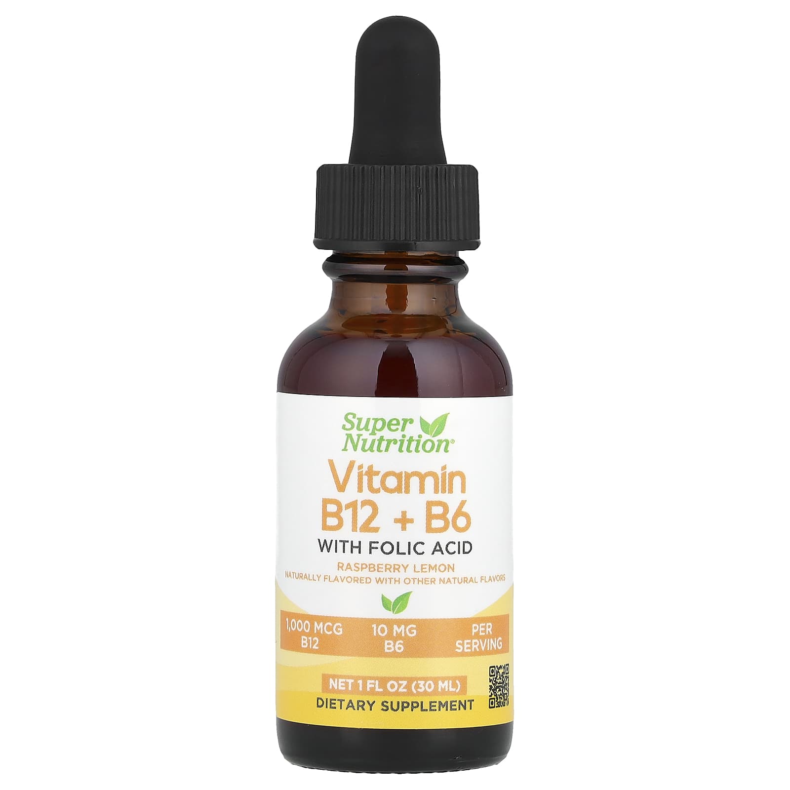 Super Nutrition, Vitamin B12 as Methylcobalamin with Vitamin B6 and Folic Acid, Raspberry Lemon, 1 fl oz (30 ml)