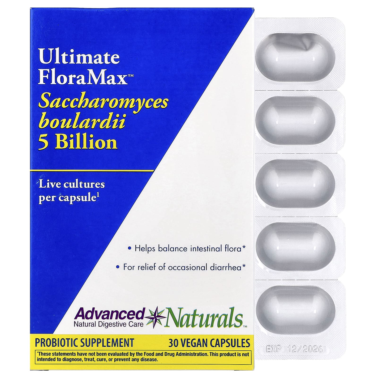 Advanced Naturals, Ultimate FloraMax™, Saccharomyces Boulardii, 5 Billion, 30 Vegan Capsules