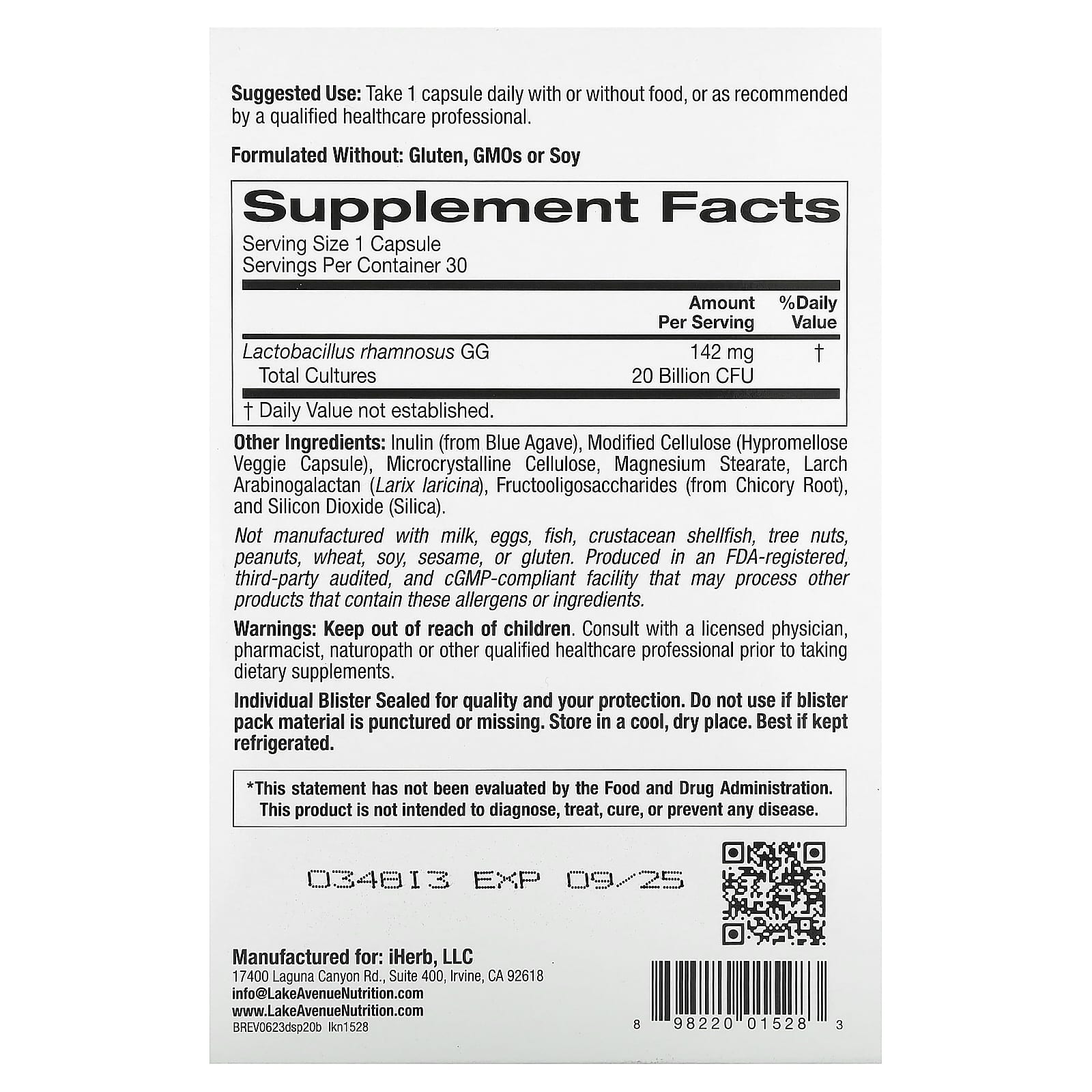 Lake Avenue Nutrition, Digestive Support Probiotic, Probiotic & Prebiotic Blend with Lactobacillus rhamnosus GG, 20 Billion CFUs, 30 Veggie Capsules