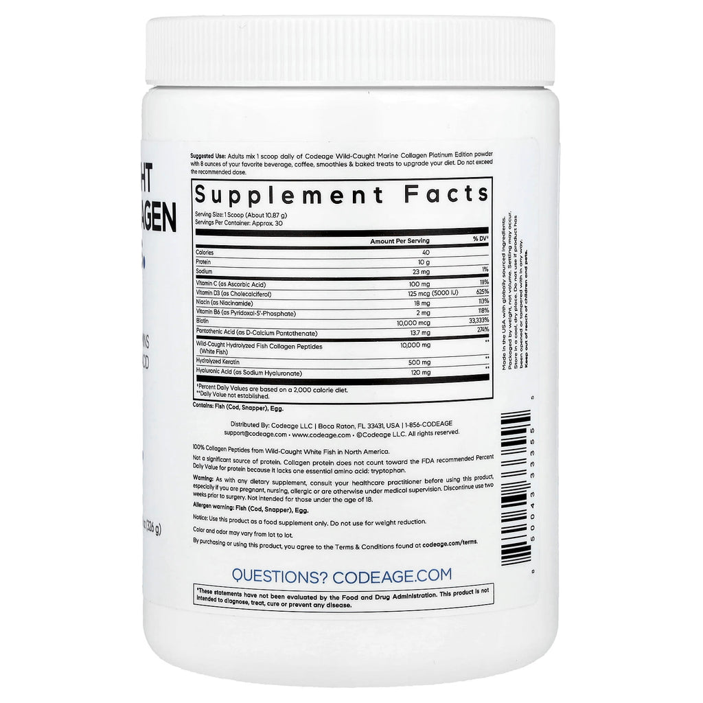 Codeage, Wild-Caught Marine Collagen Peptides Powder, Platinum, Unflavored, 11.5 oz (326 g)