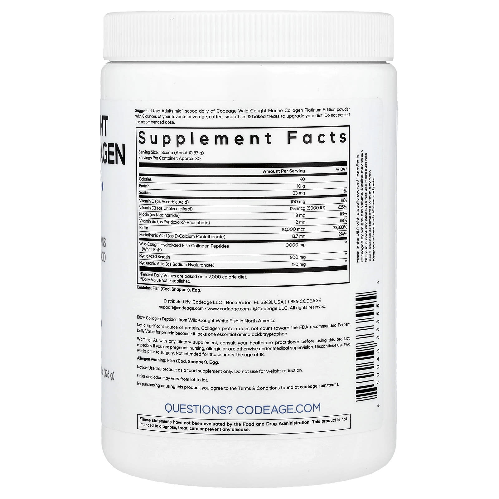 Codeage, Wild-Caught Marine Collagen Peptides Powder, Platinum, Unflavored, 11.5 oz (326 g)