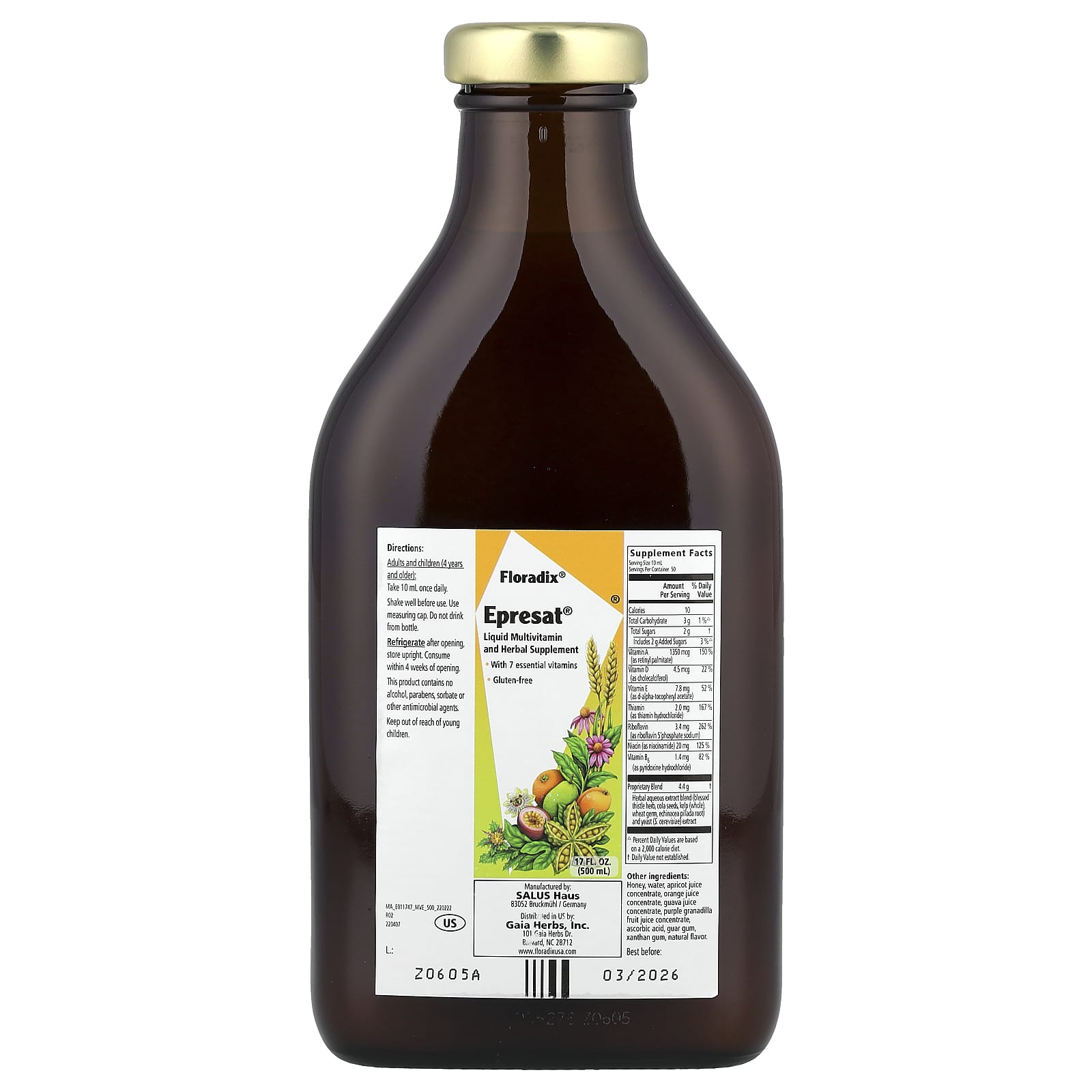 Floradix, Epresat®, Liquid Multivitamin and Herbal Supplement, 17 fl oz (500 ml)
