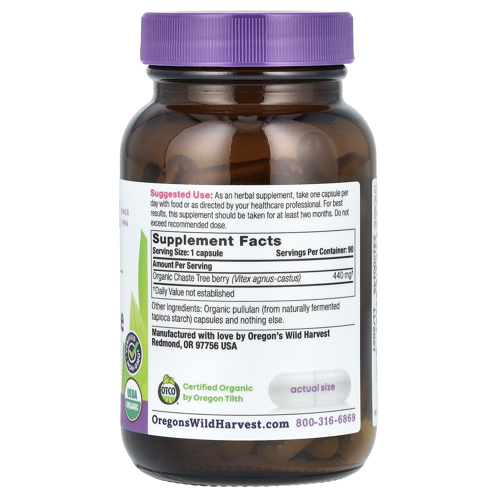 Oregon's Wild Harvest, Organic Chaste Tree, 90 Vegan Capsules (440 mg per Capsule)