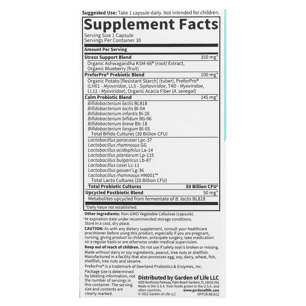 Garden of Life, Probiotics Calm, 50 Billion, 30 Vegetarian Capsules